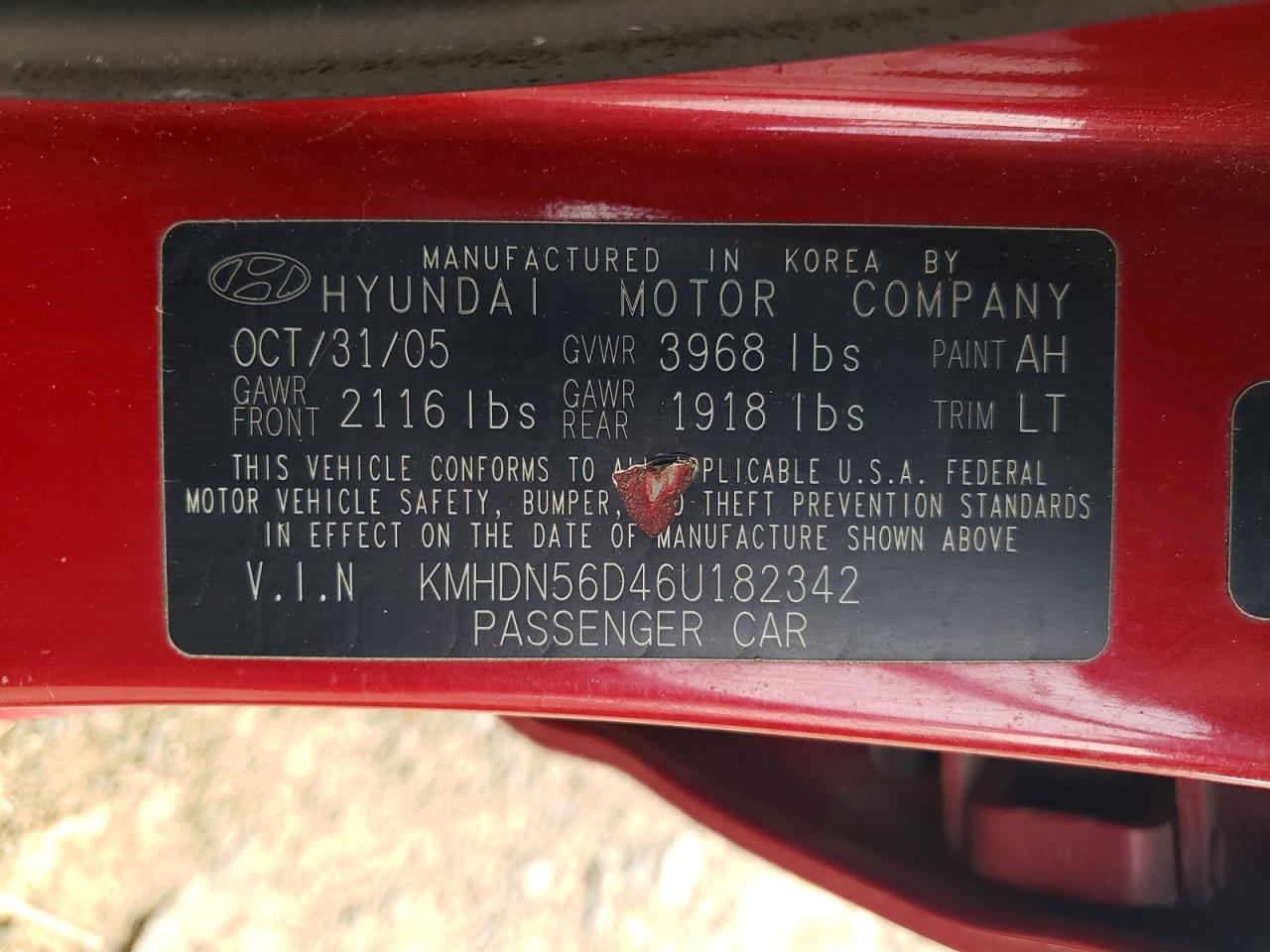 2006 Hyundai Elantra Gls Red vin: KMHDN56D46U182342