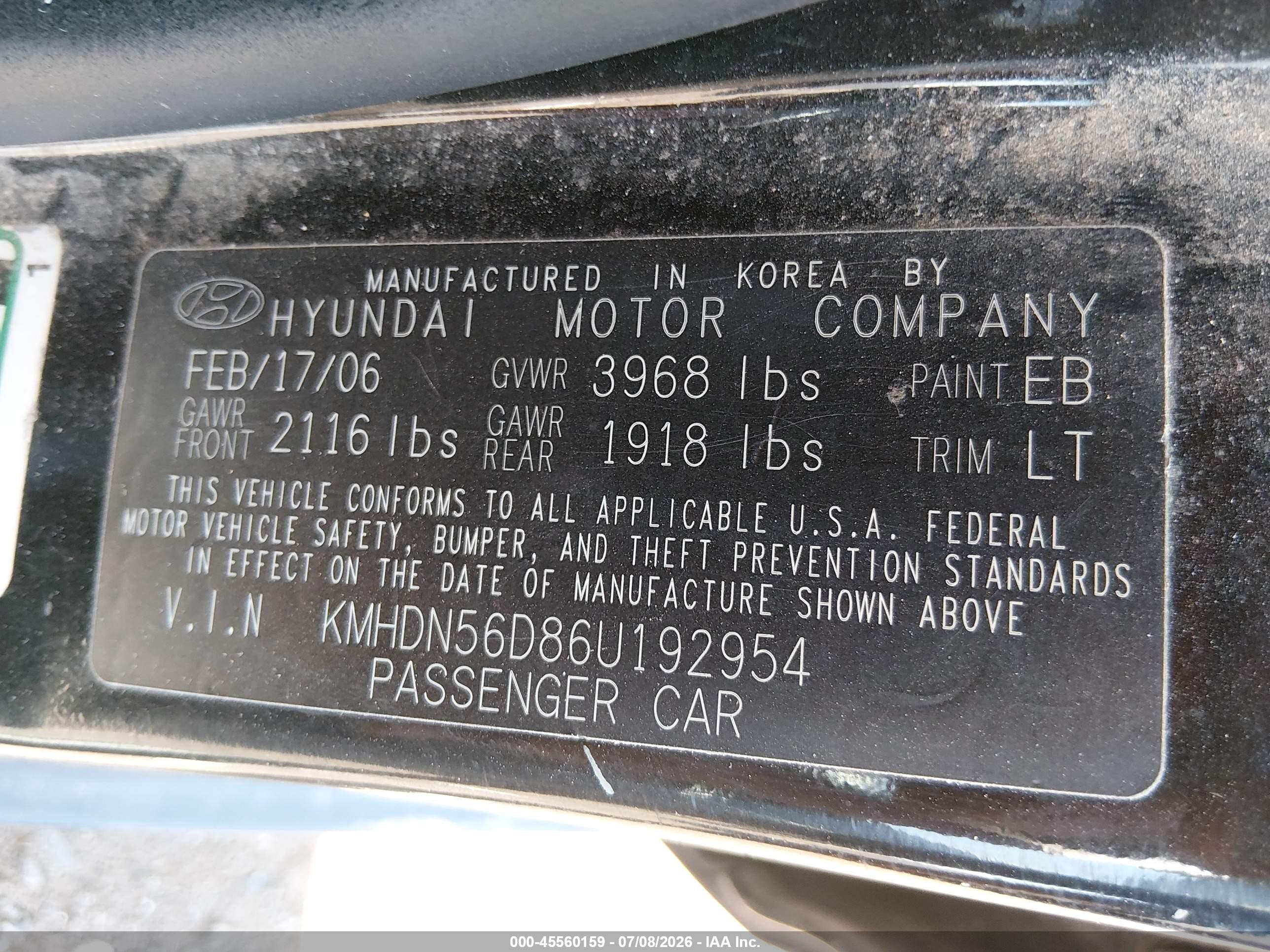 2006 Hyundai Elantra Gls/gt Black vin: KMHDN56D86U192954