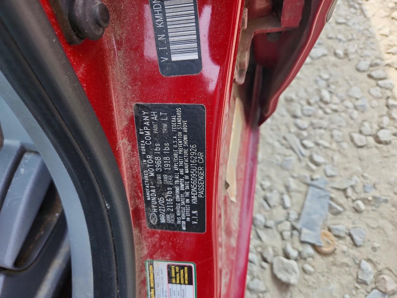 2005 Hyundai Elantra Gls Red vin: KMHDN56D95U162926