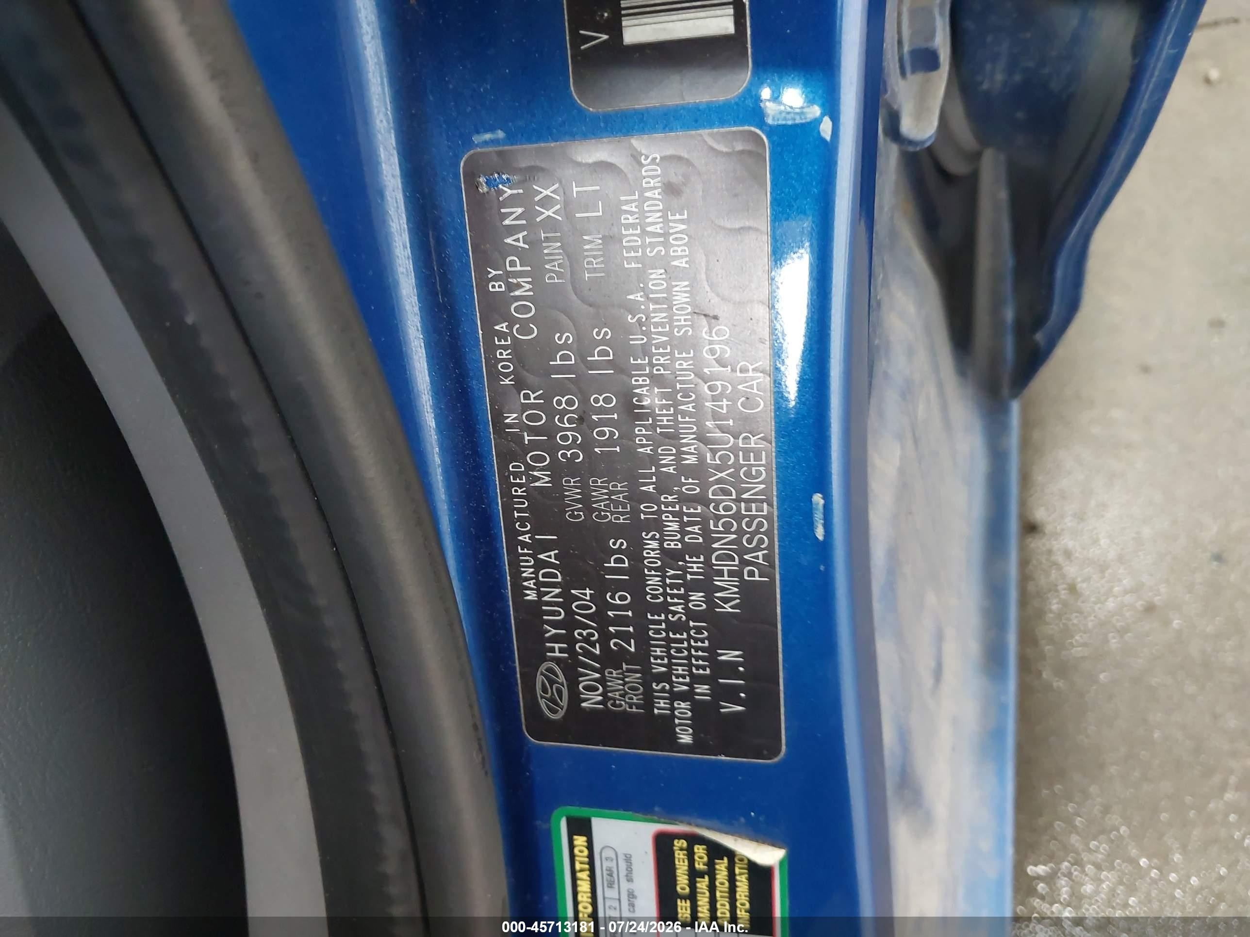 2005 Hyundai Elantra Gls/gt Blue vin: KMHDN56DX5U149196