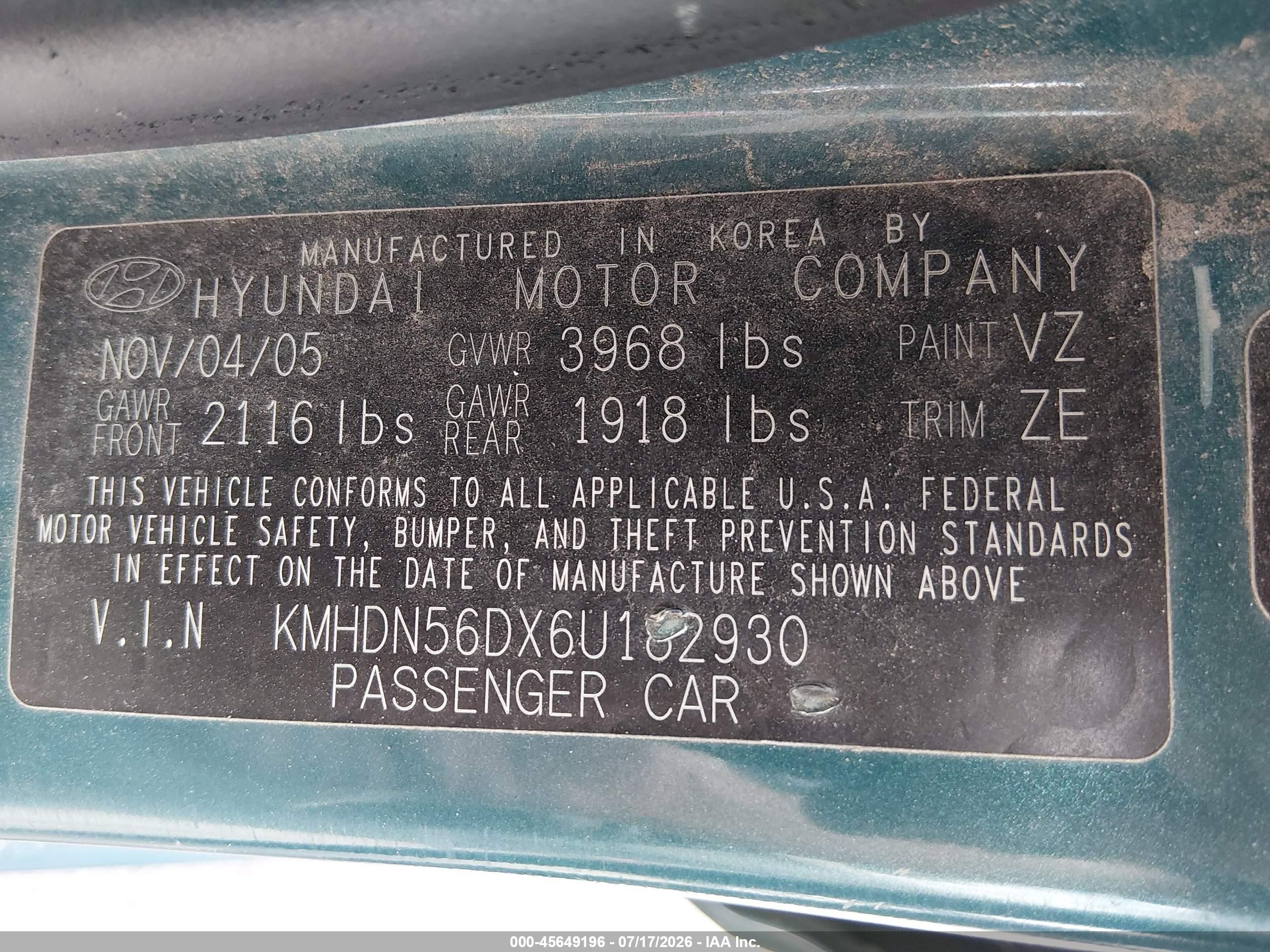 2006 Hyundai Elantra Gls/gt Green vin: KMHDN56DX6U182930