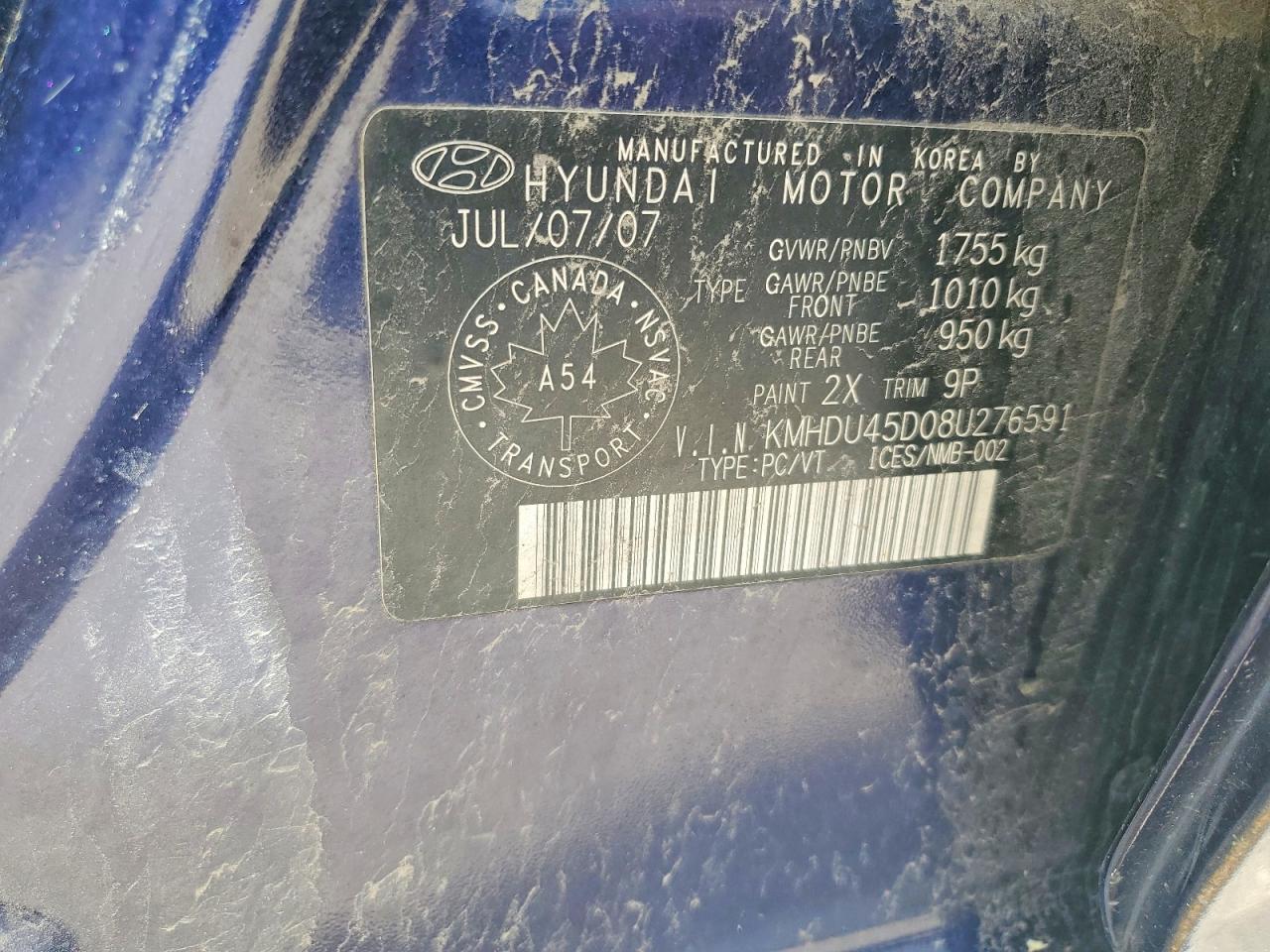 2008 Hyundai Elantra Blue vin: KMHDU45D08U276591