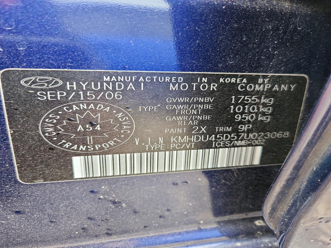 2007 Hyundai Elantra Gls Blue vin: KMHDU45D57U023068