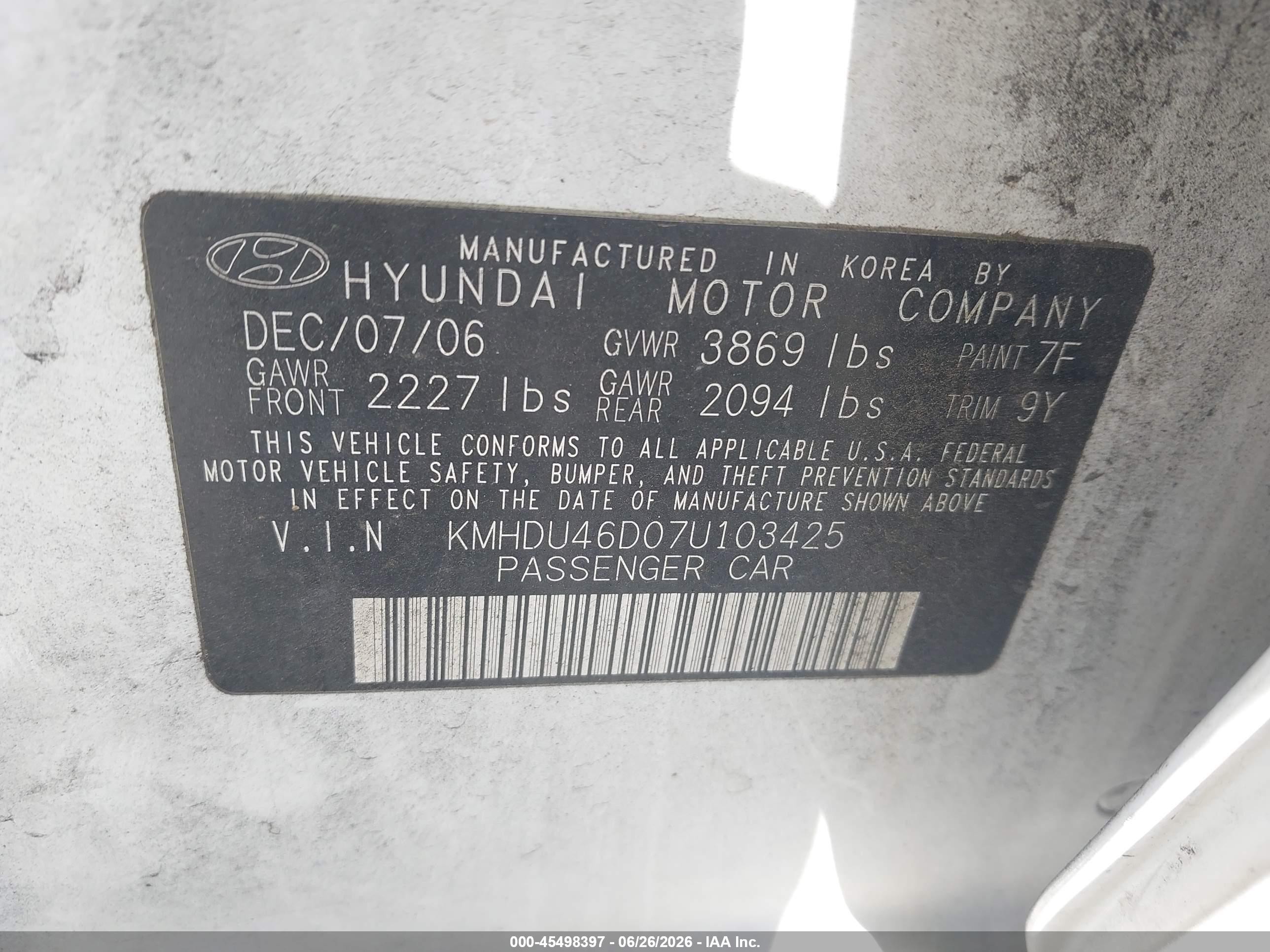 2007 Hyundai Elantra Gls/ltd/se White vin: KMHDU46D07U103425