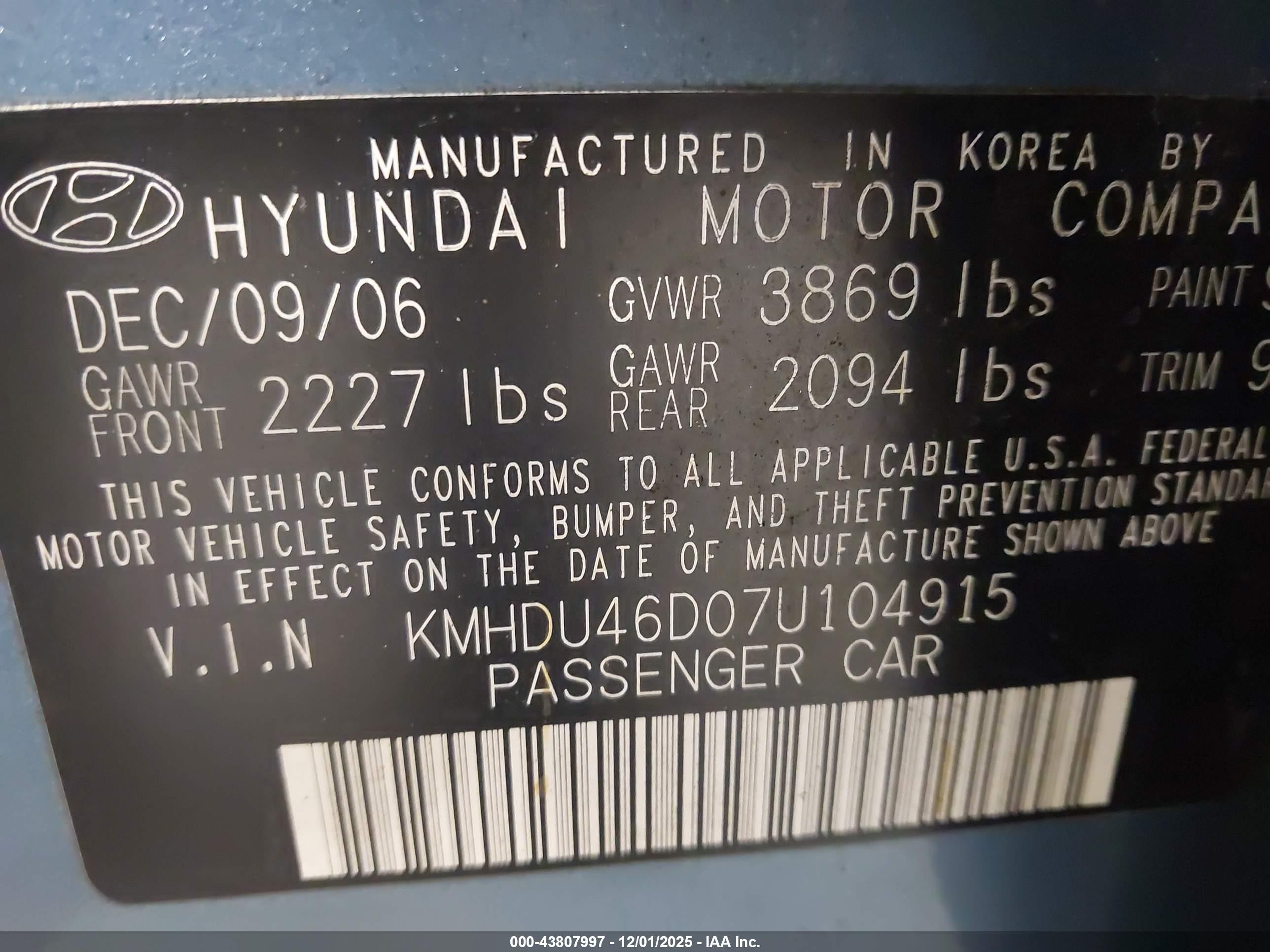 2007 Hyundai Elantra Gls/limited/se Blue vin: KMHDU46D07U104915