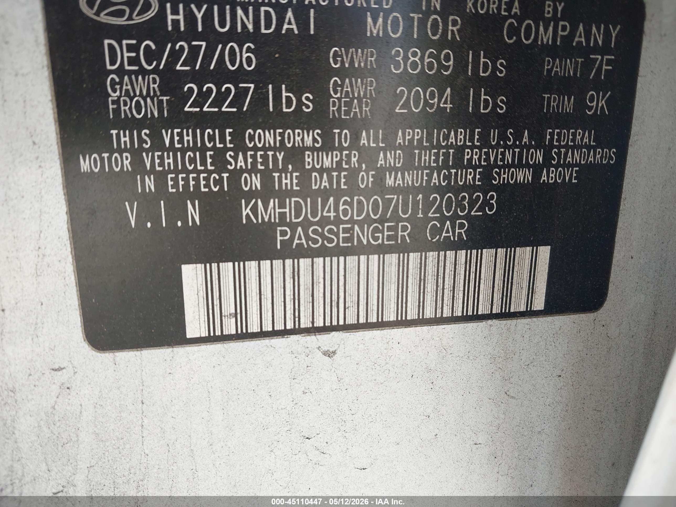 2007 Hyundai Elantra Gls/limited/se White vin: KMHDU46D07U120323