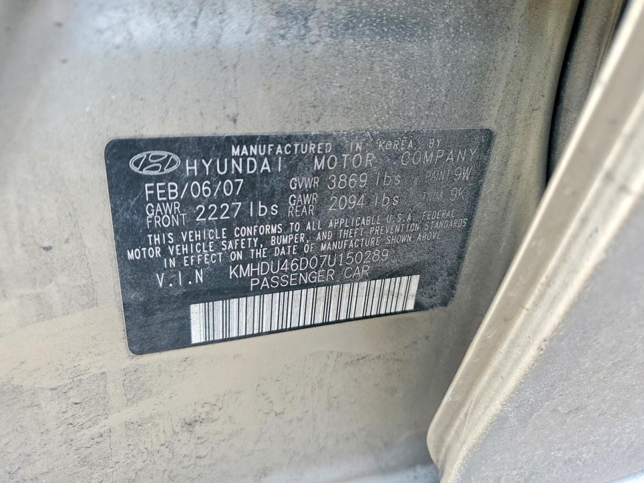 2007 Hyundai Elantra Gold vin: KMHDU46D07U150289