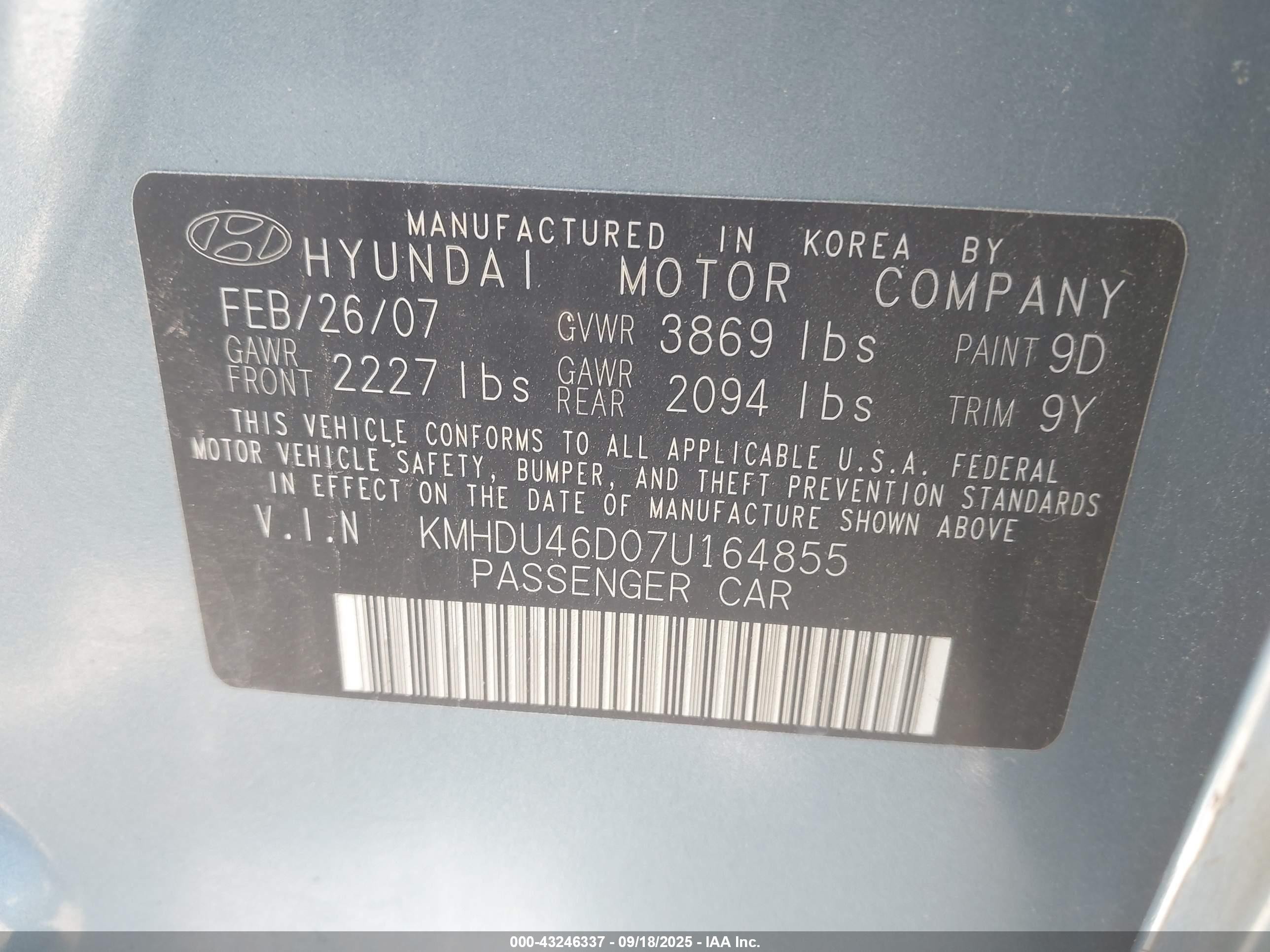 2007 Hyundai Elantra Gls/limited/se Blue vin: KMHDU46D07U164855
