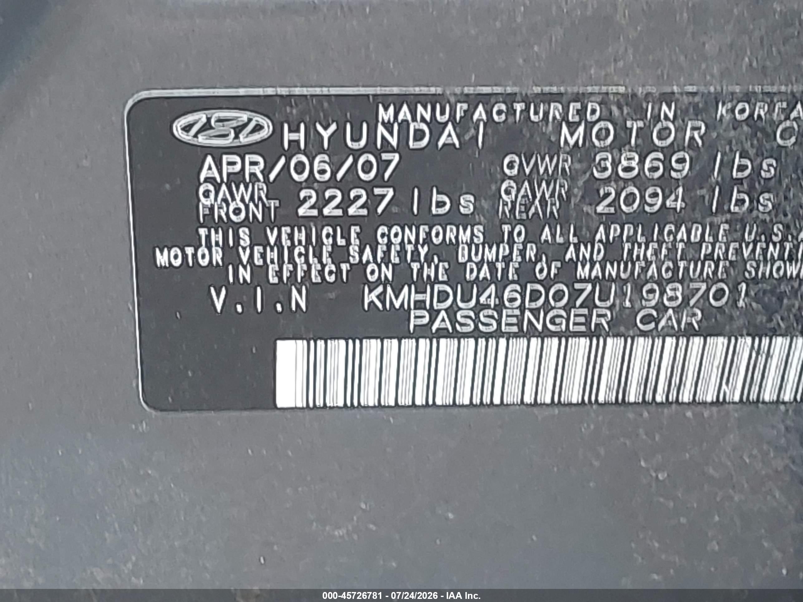 2007 Hyundai Elantra Gls/ltd/se Gray vin: KMHDU46D07U198701