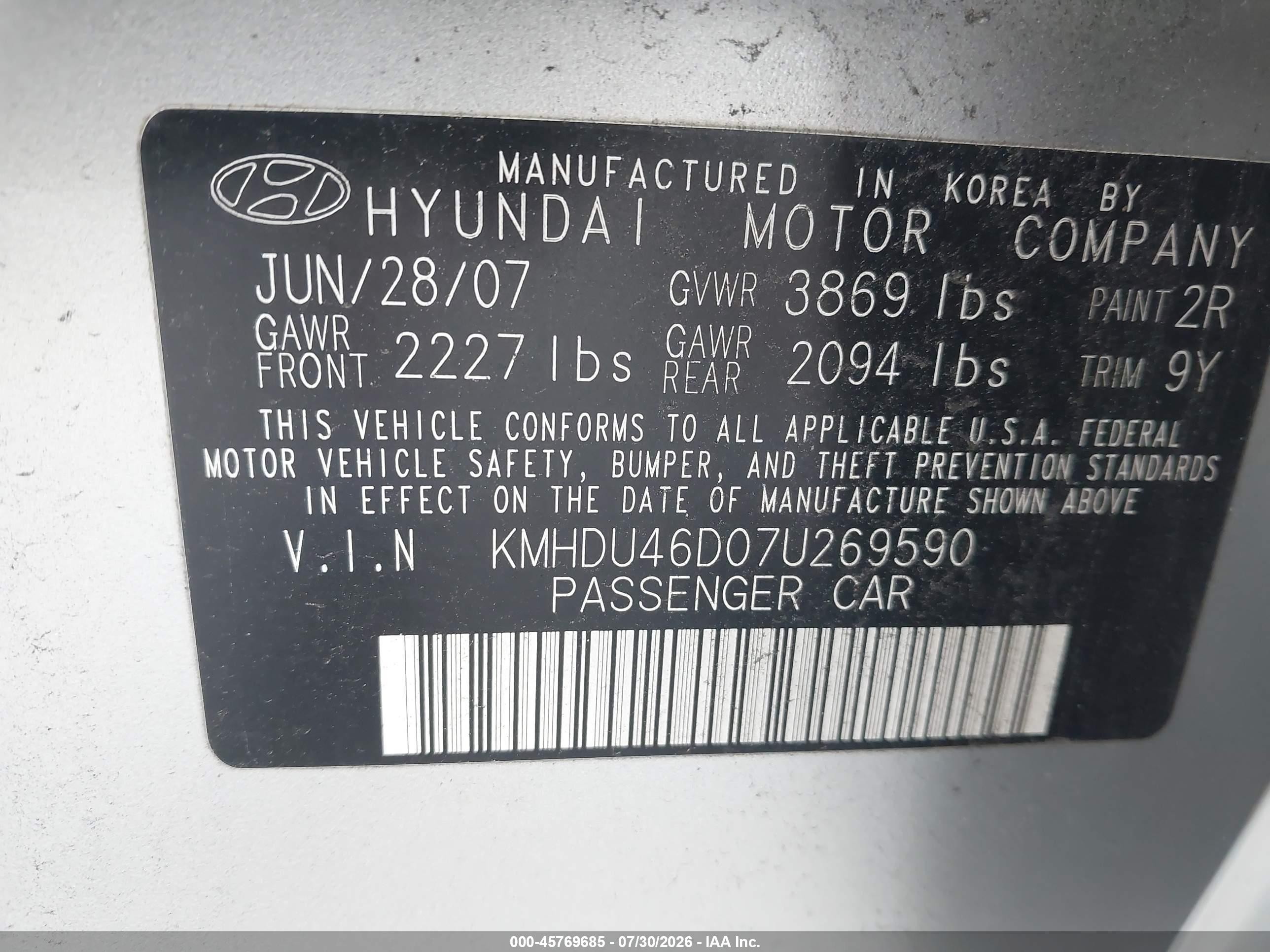2007 Hyundai Elantra Gls/ltd/se Silver vin: KMHDU46D07U269590