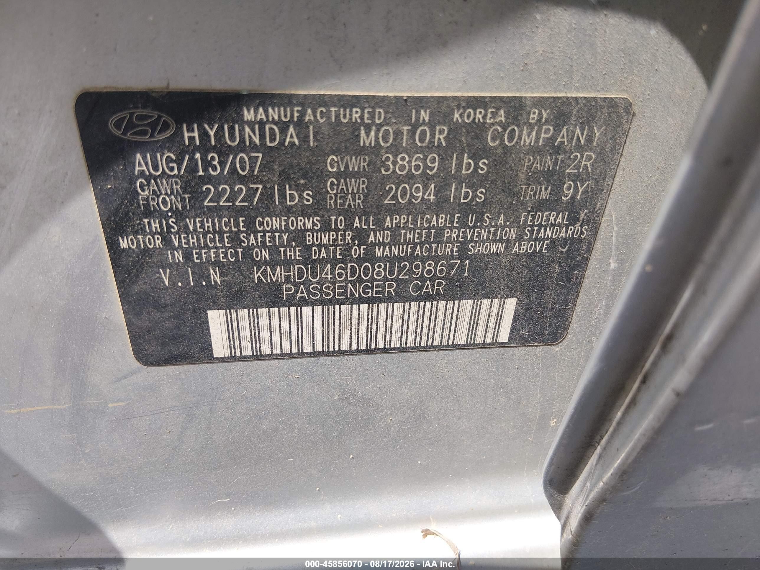 2008 Hyundai Elantra Gls/se Silver vin: KMHDU46D08U298671