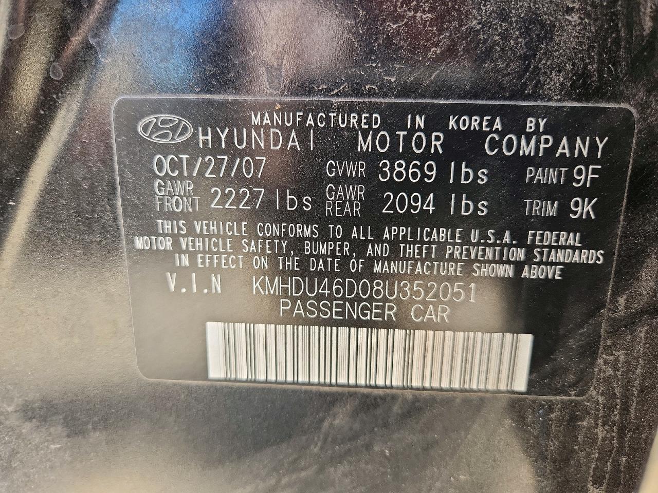 2008 Hyundai Elantra Black vin: KMHDU46D08U352051