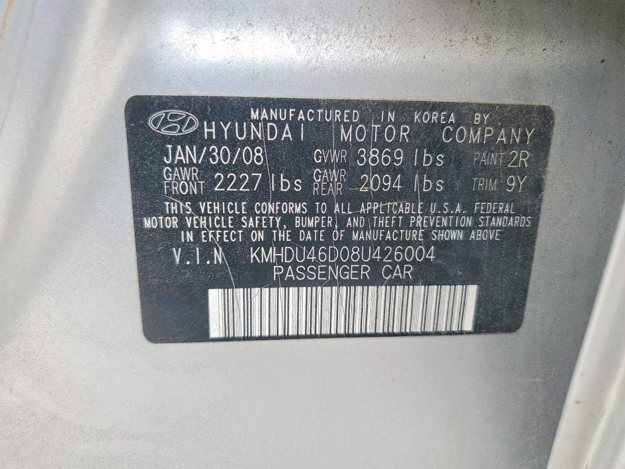 2008 Hyundai Elantra Gls/se/limited Silver vin: KMHDU46D08U426004