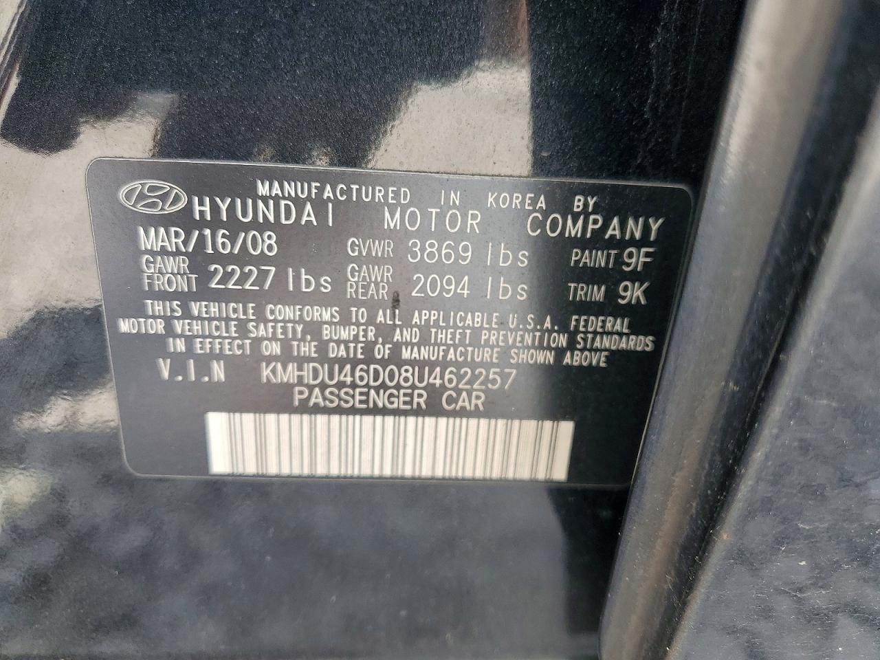 2008 Hyundai Elantra Gls Black vin: KMHDU46D08U462257