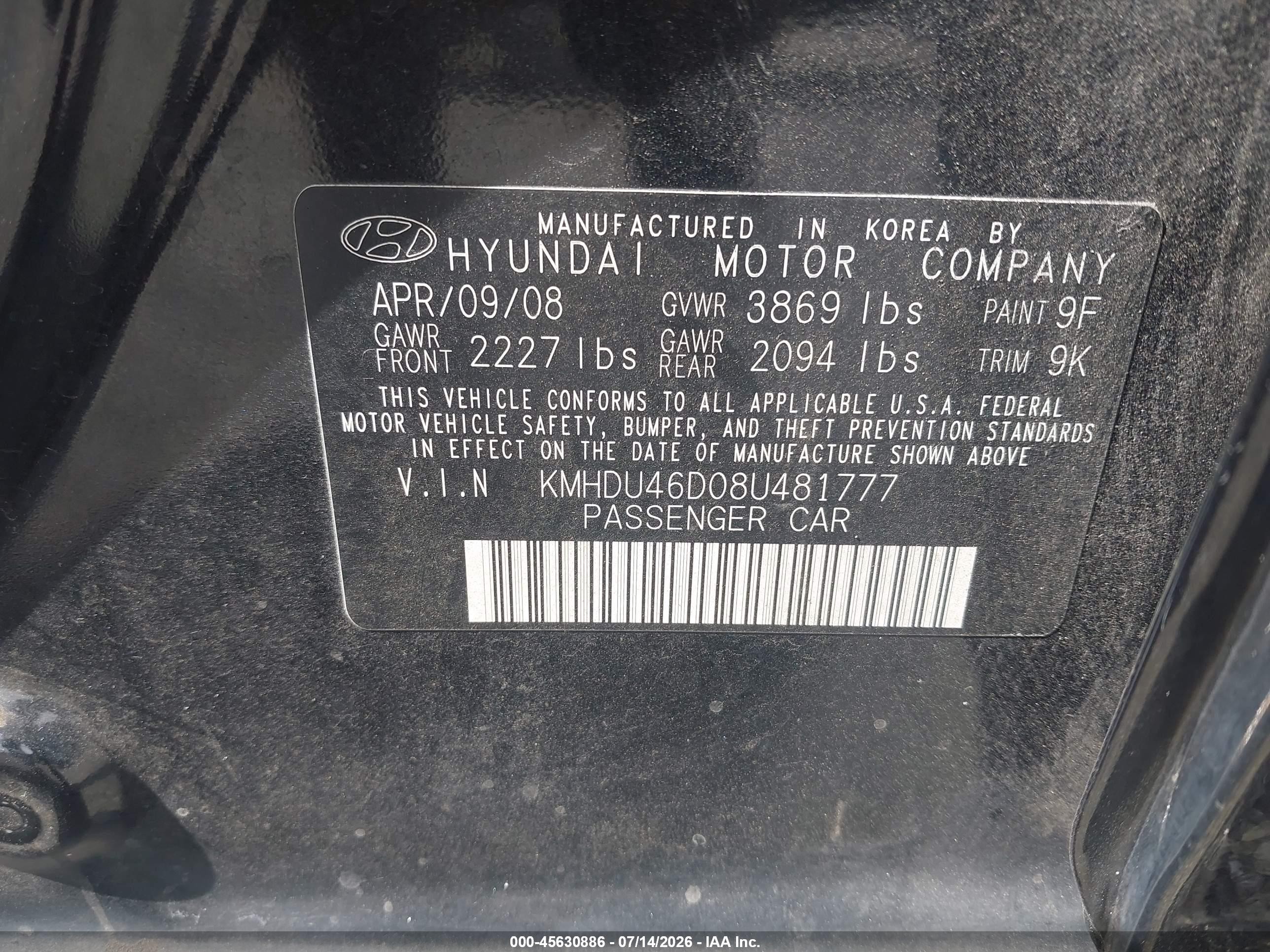 2008 Hyundai Elantra Gls/se Black vin: KMHDU46D08U481777