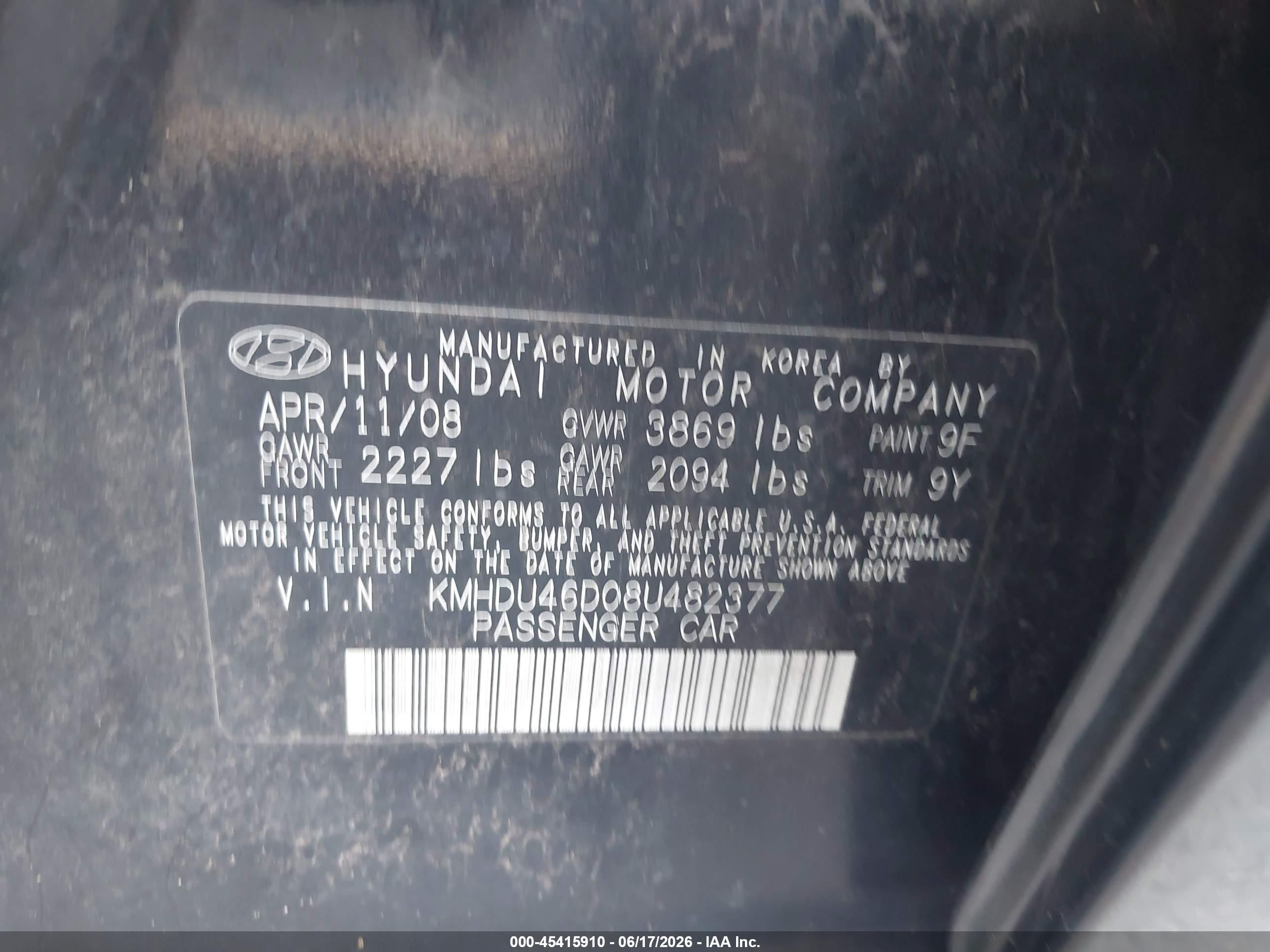 2008 Hyundai Elantra Gls/se Black vin: KMHDU46D08U482377
