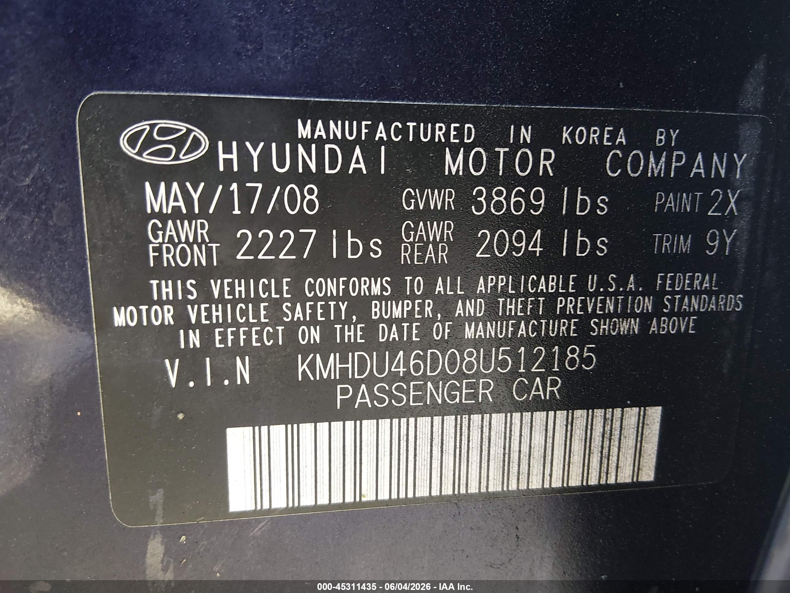 2008 Hyundai Elantra Gls/se Blue vin: KMHDU46D08U512185