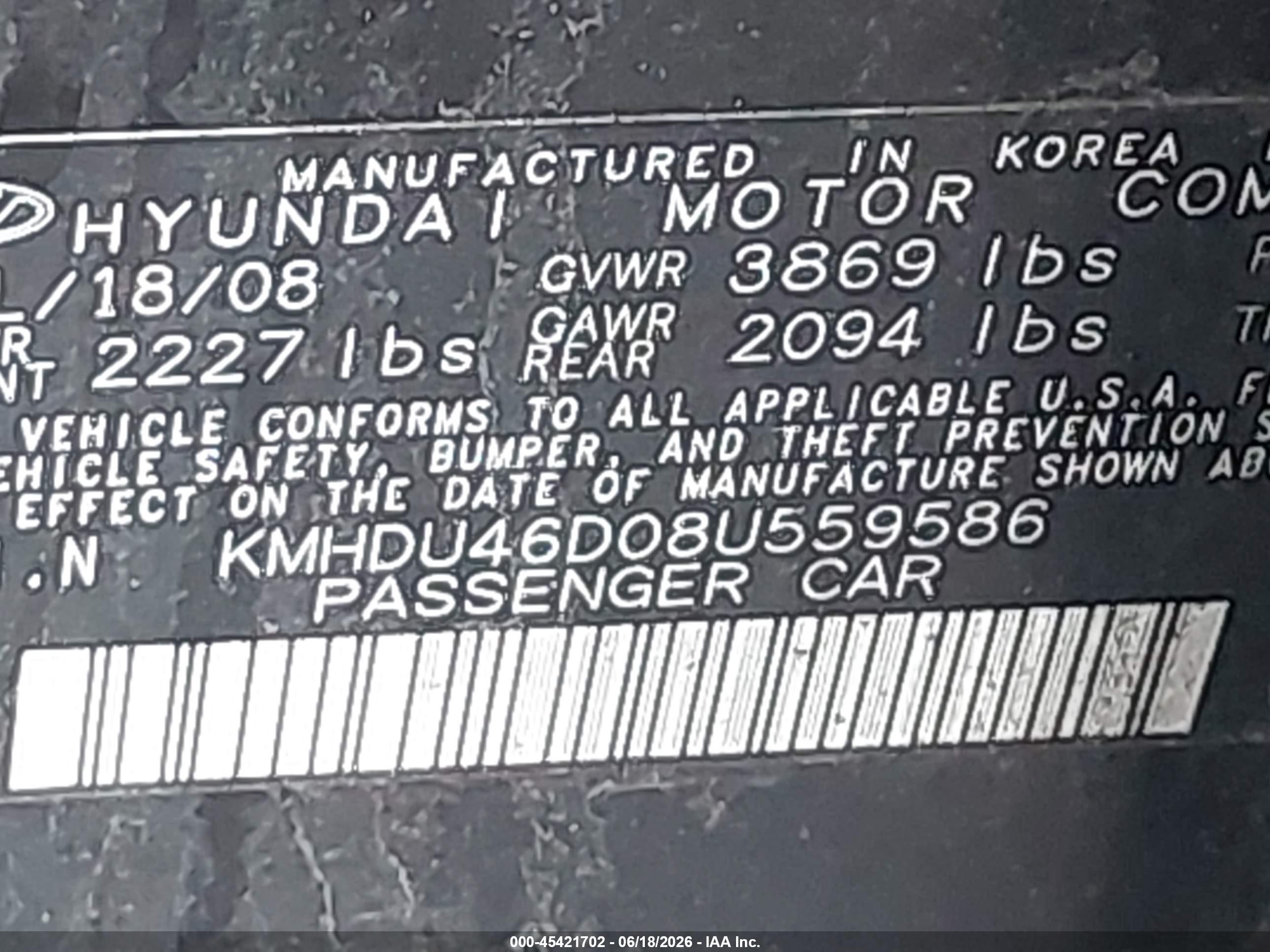 2008 Hyundai Elantra Gls/se Black vin: KMHDU46D08U559586