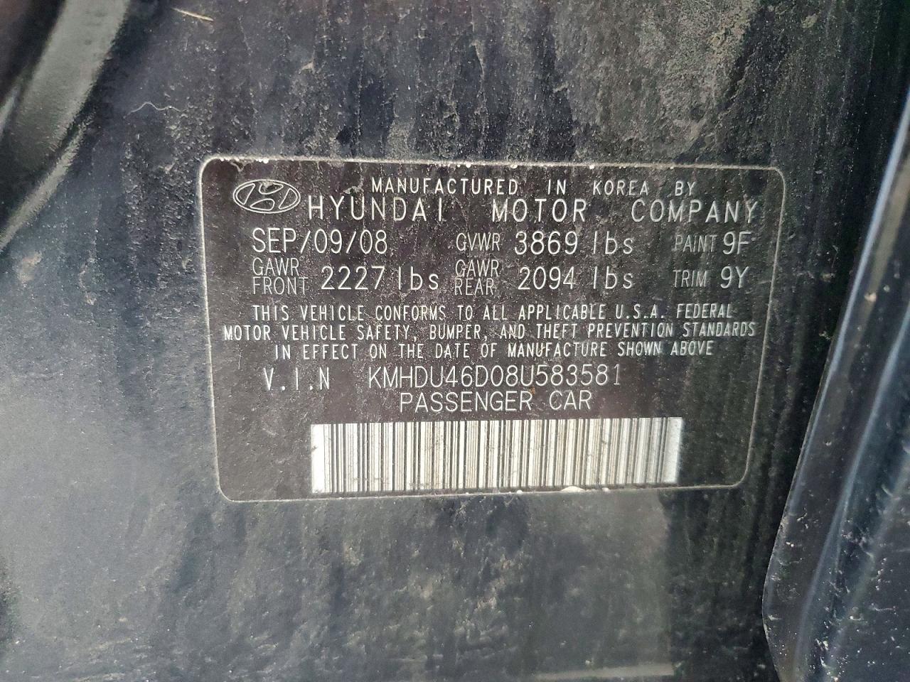 2008 Hyundai Elantra Gls Black vin: KMHDU46D08U583581