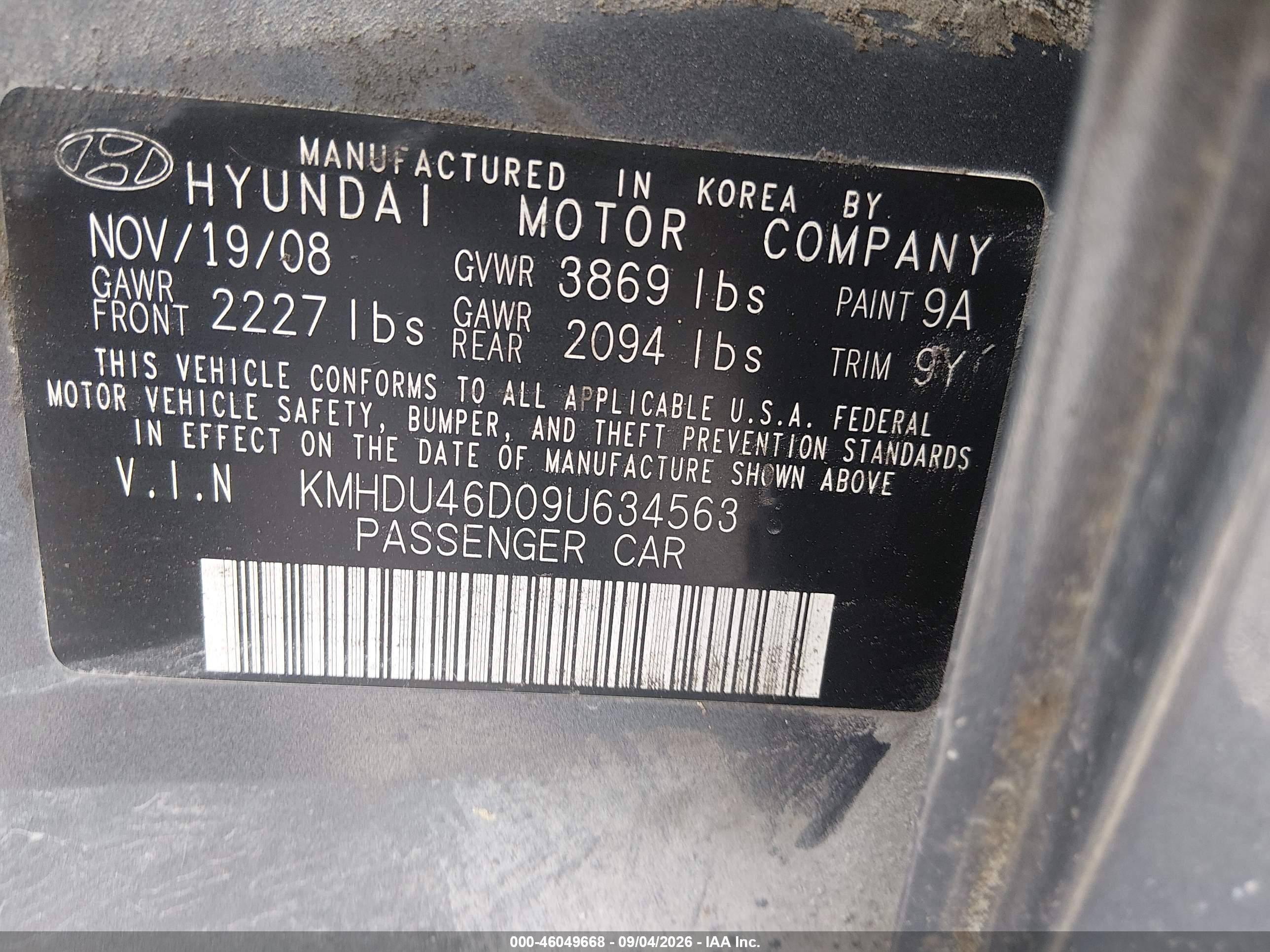 2009 Hyundai Elantra Gls Gray vin: KMHDU46D09U634563