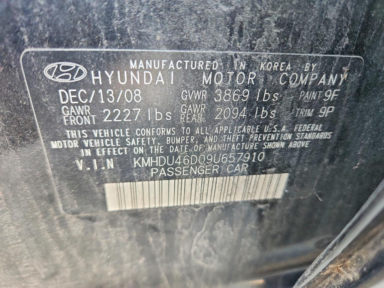 2009 Hyundai Elantra Se Black vin: KMHDU46D09U657910