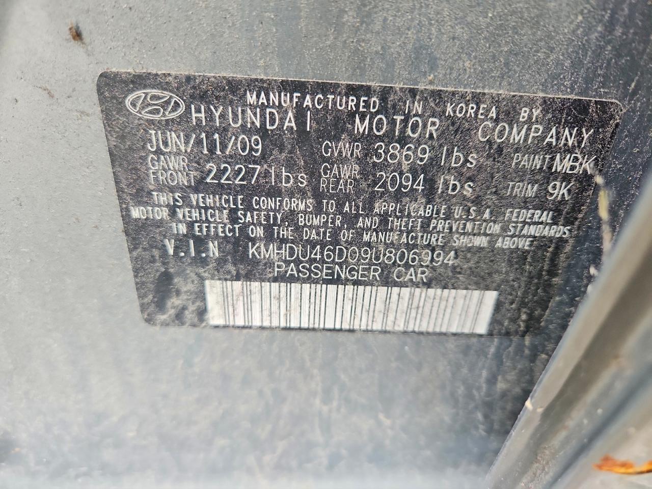 2009 Hyundai Elantra Gls Gray vin: KMHDU46D09U806994