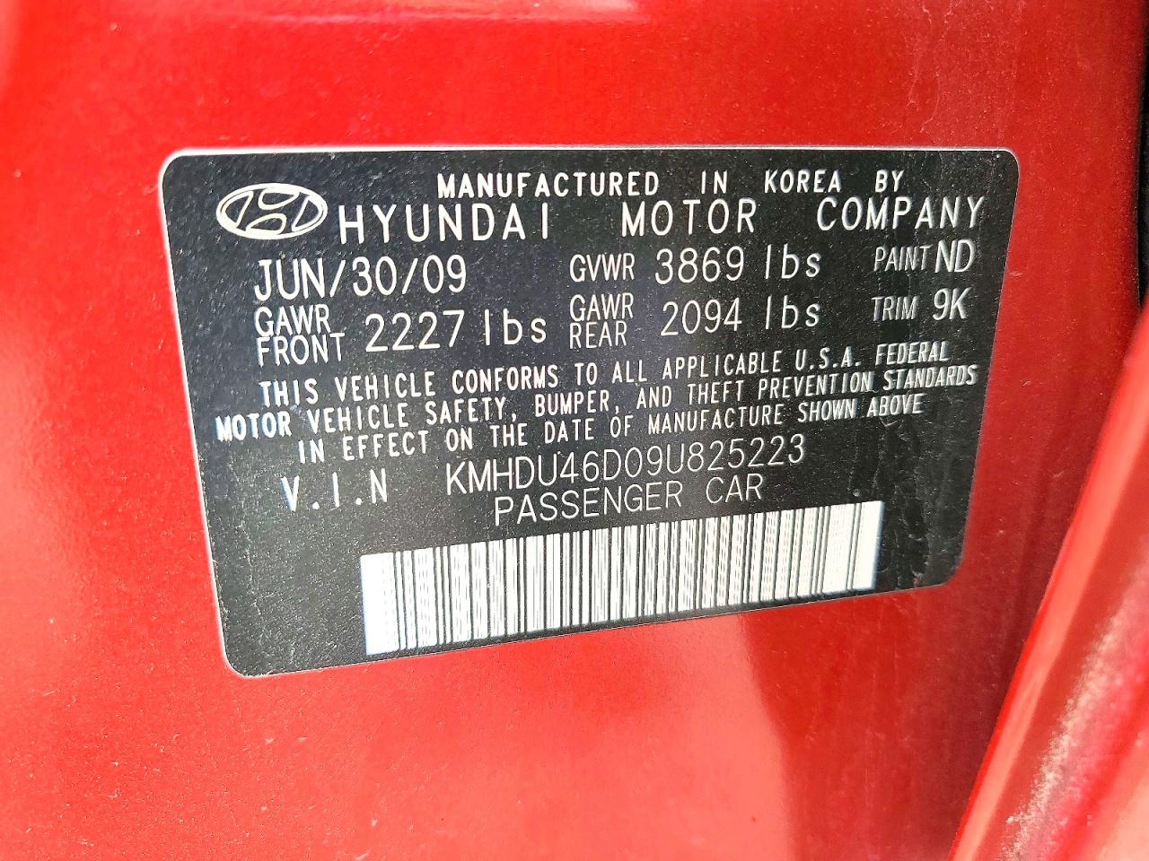 2009 Hyundai Elantra Red vin: KMHDU46D09U825223