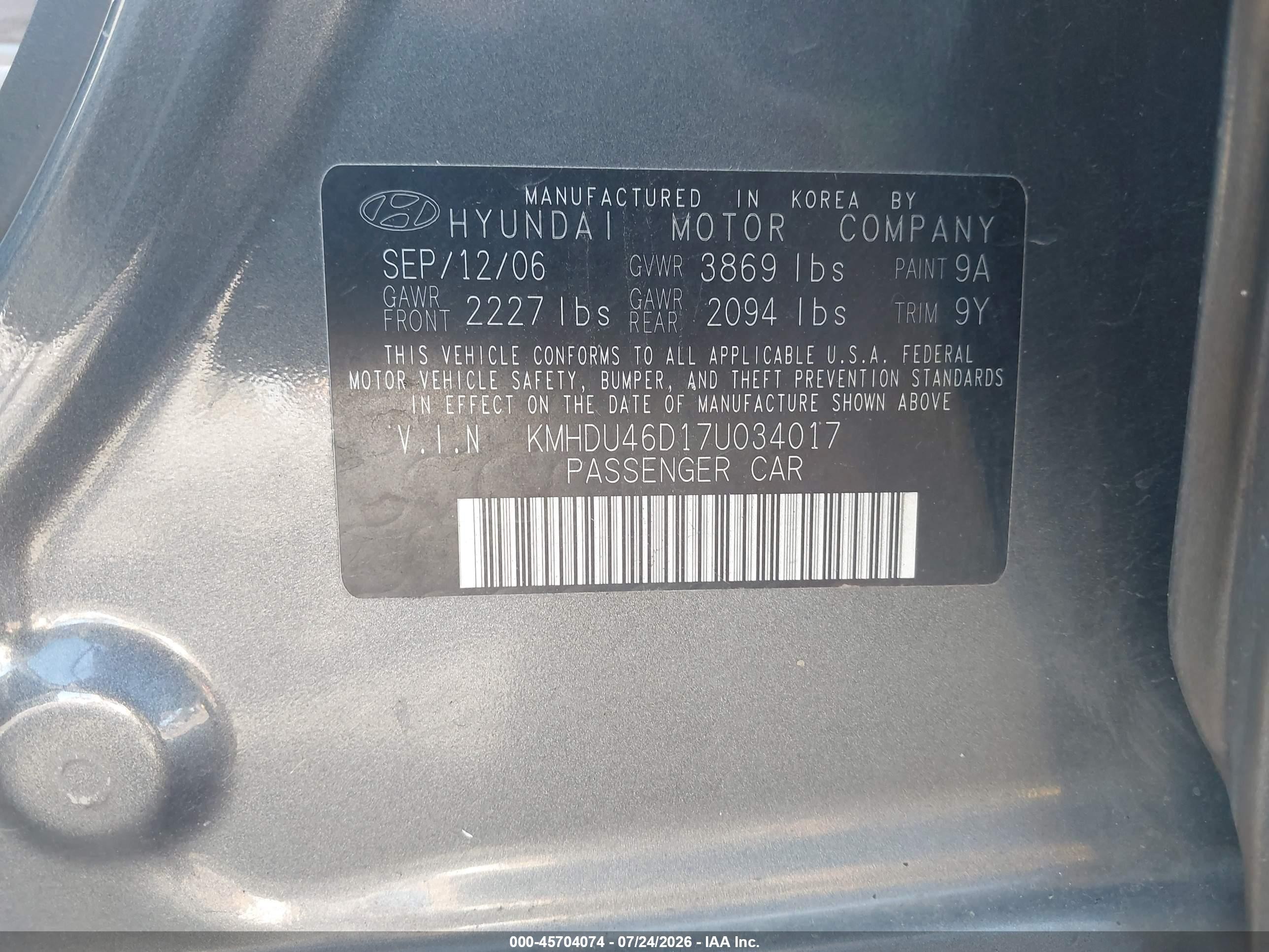 2007 Hyundai Elantra Gls/limited/se Gray vin: KMHDU46D17U034017