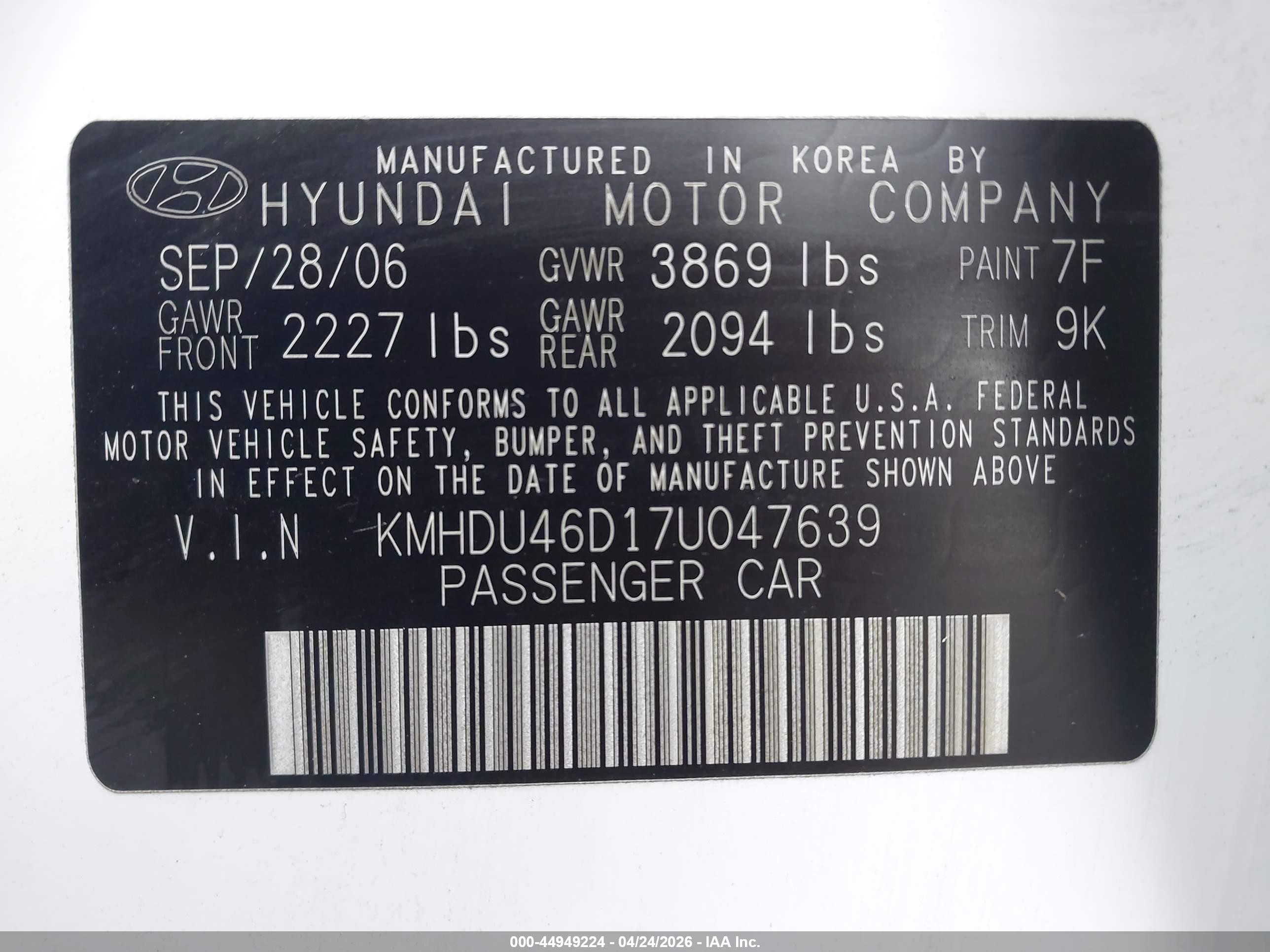 2007 Hyundai Elantra Gls/limited/se White vin: KMHDU46D17U047639