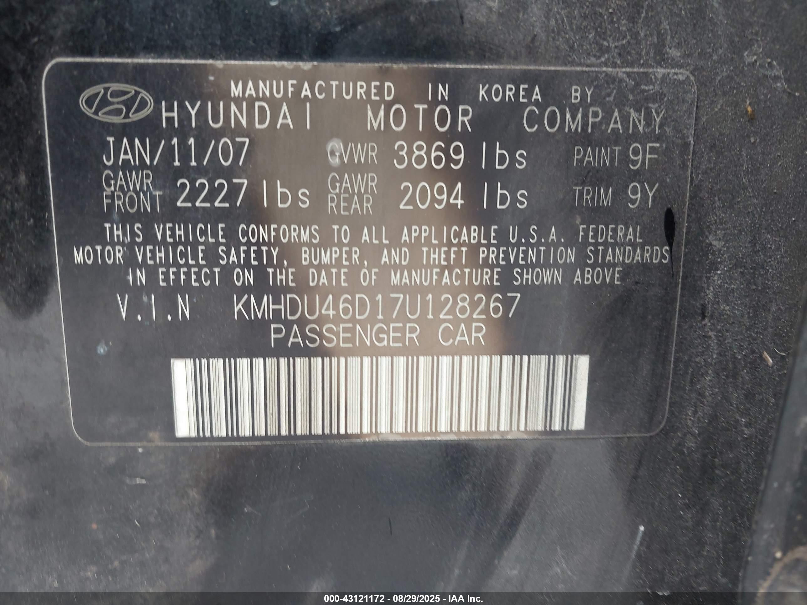 2007 Hyundai Elantra Gls/limited/se Черный vin: KMHDU46D17U128267