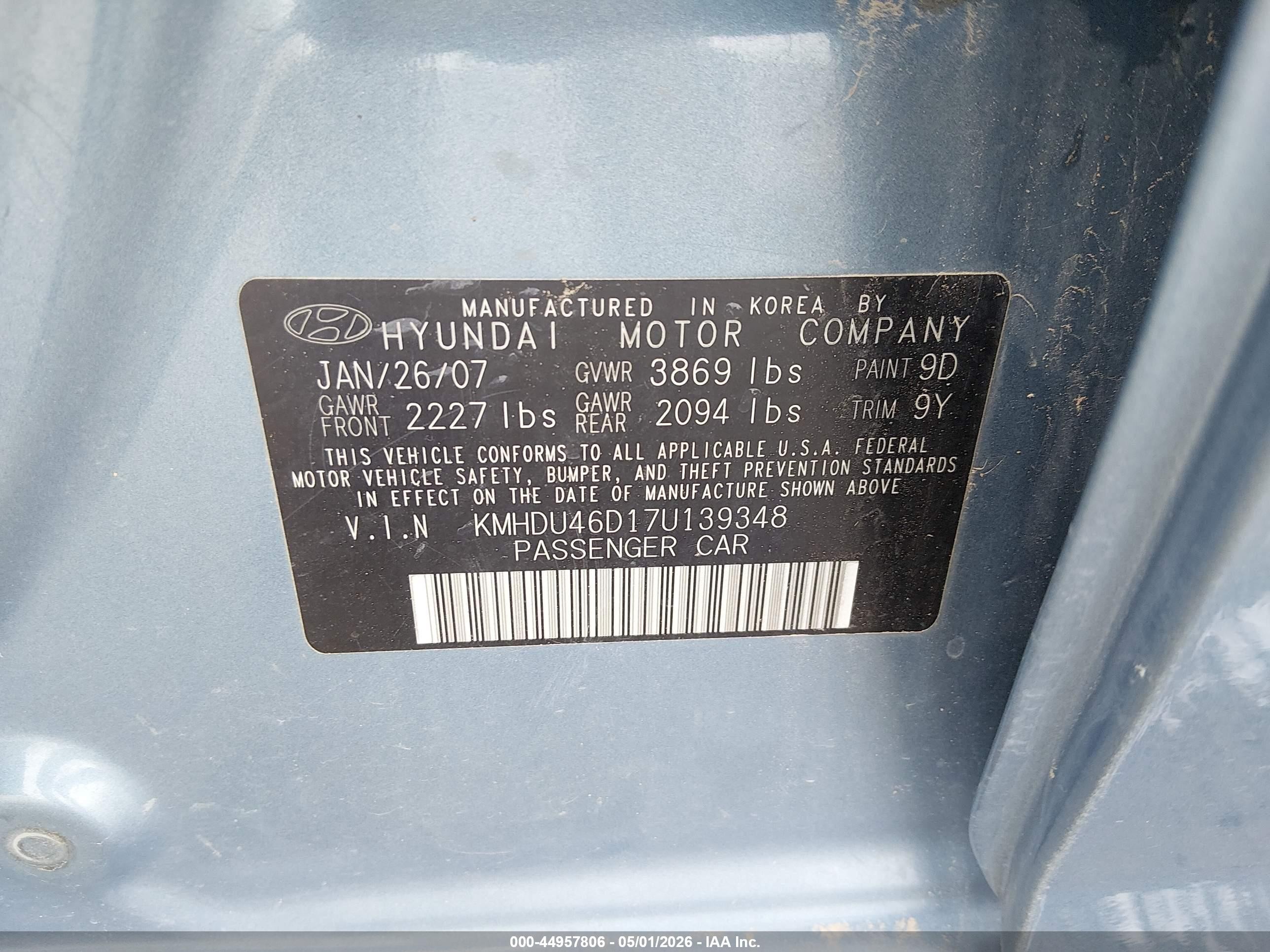 2007 Hyundai Elantra Gls/limited/se Blue vin: KMHDU46D17U139348