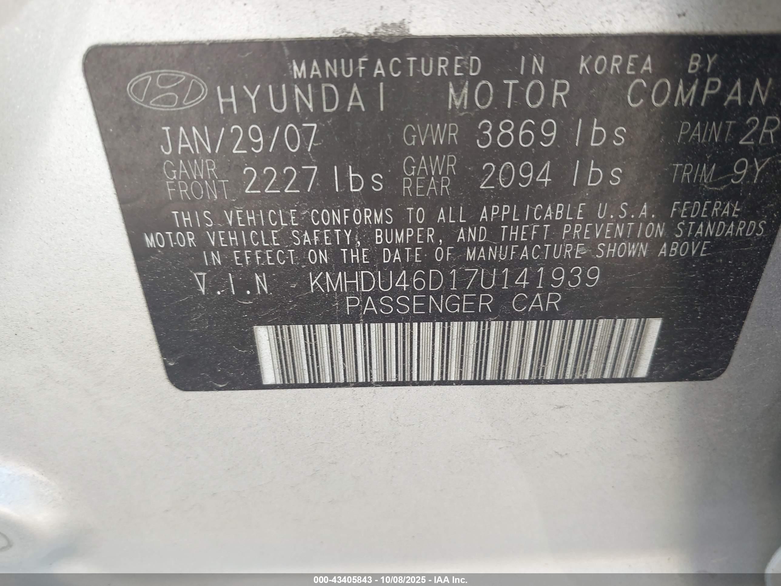 2007 Hyundai Elantra Gls/limited/se Gray vin: KMHDU46D17U141939