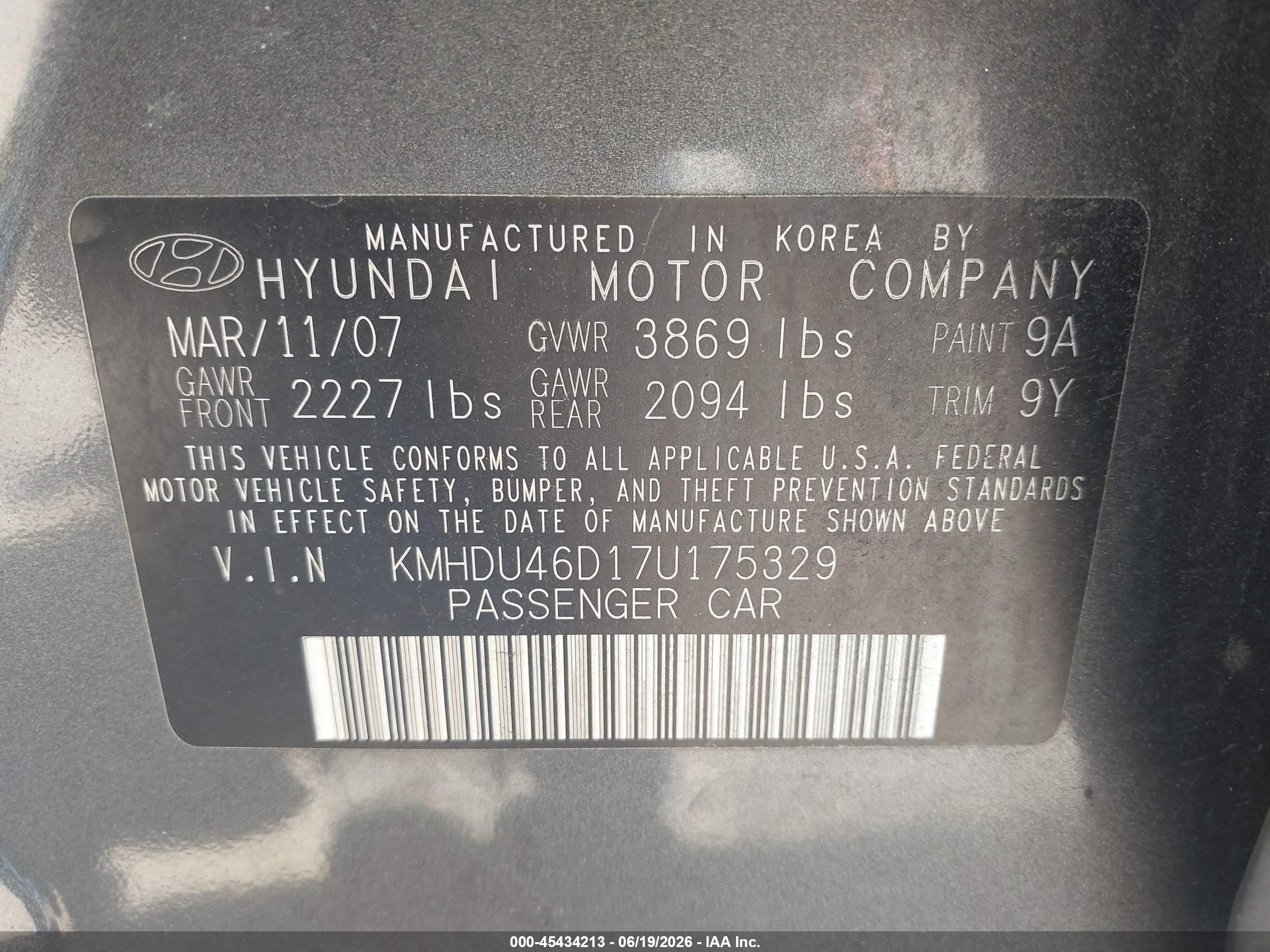 2007 Hyundai Elantra Gls/ltd/se Gray vin: KMHDU46D17U175329