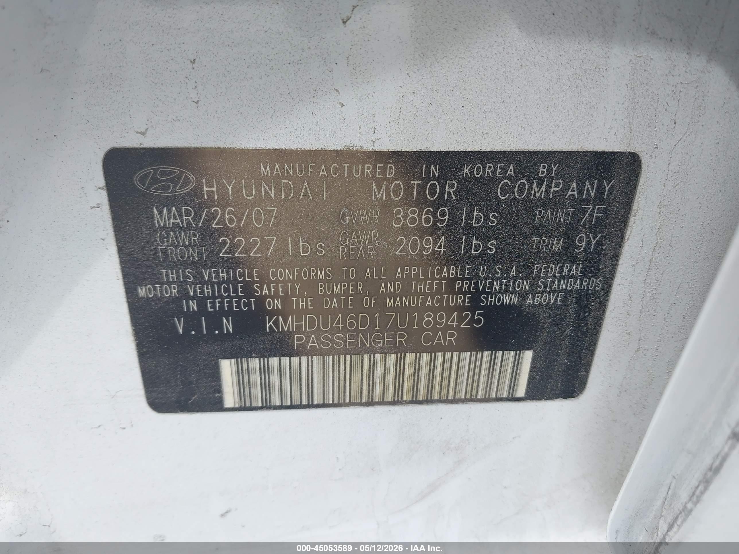 2007 Hyundai Elantra Gls/limited/se Белый vin: KMHDU46D17U189425
