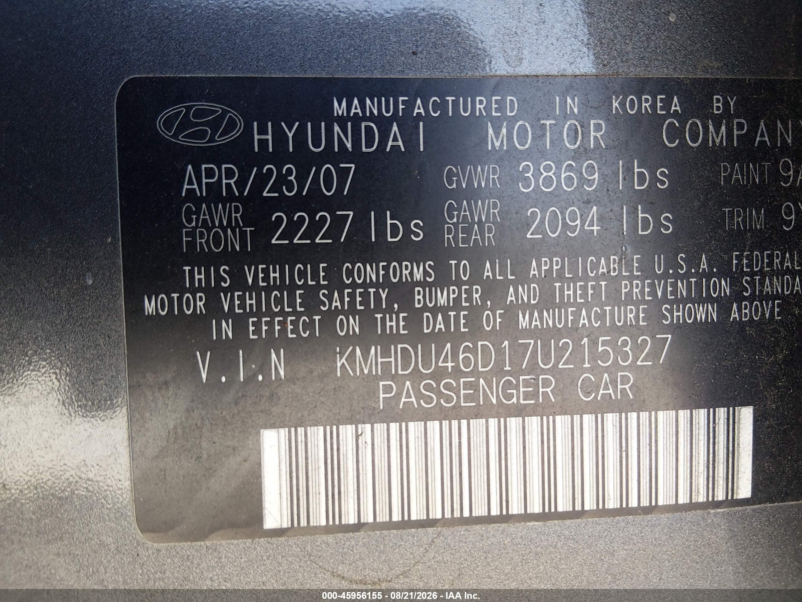 2007 Hyundai Elantra Gls/ltd/se Gray vin: KMHDU46D17U215327