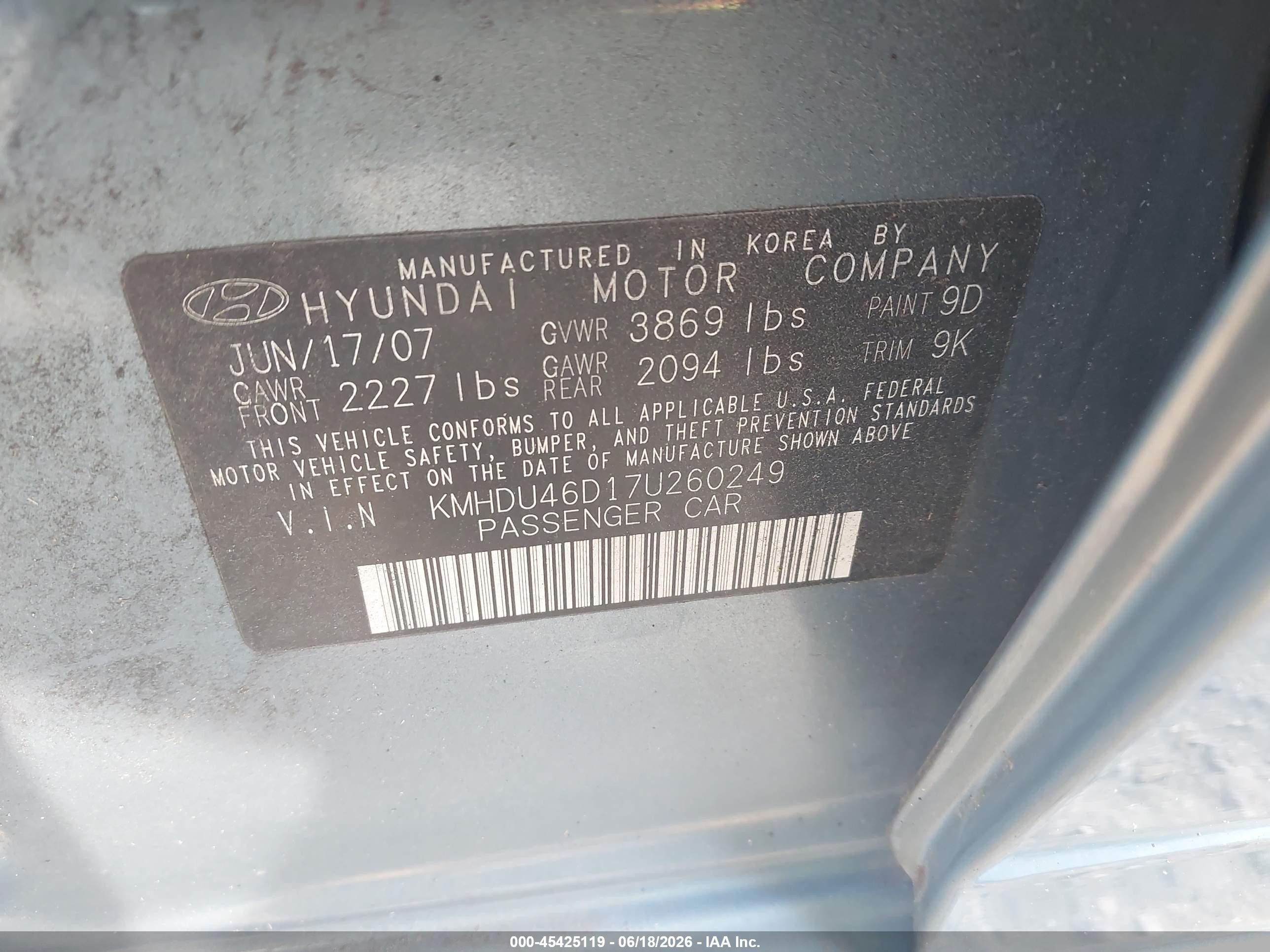 2007 Hyundai Elantra Gls/ltd/se Light Blue vin: KMHDU46D17U260249