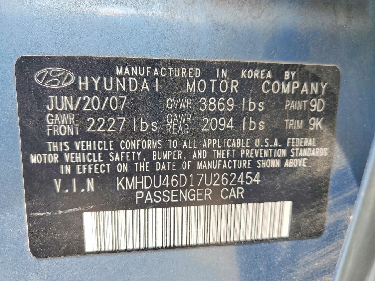 2007 Hyundai Elantra Blue vin: KMHDU46D17U262454