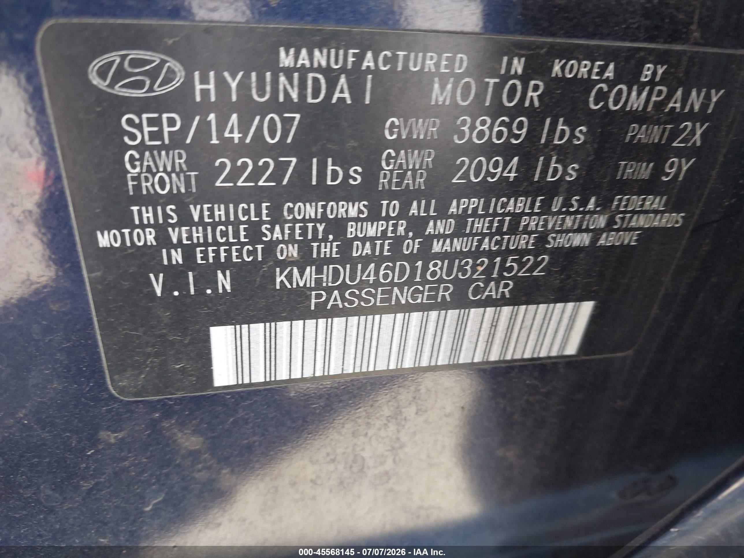 2008 Hyundai Elantra Gls/se Blue vin: KMHDU46D18U321522