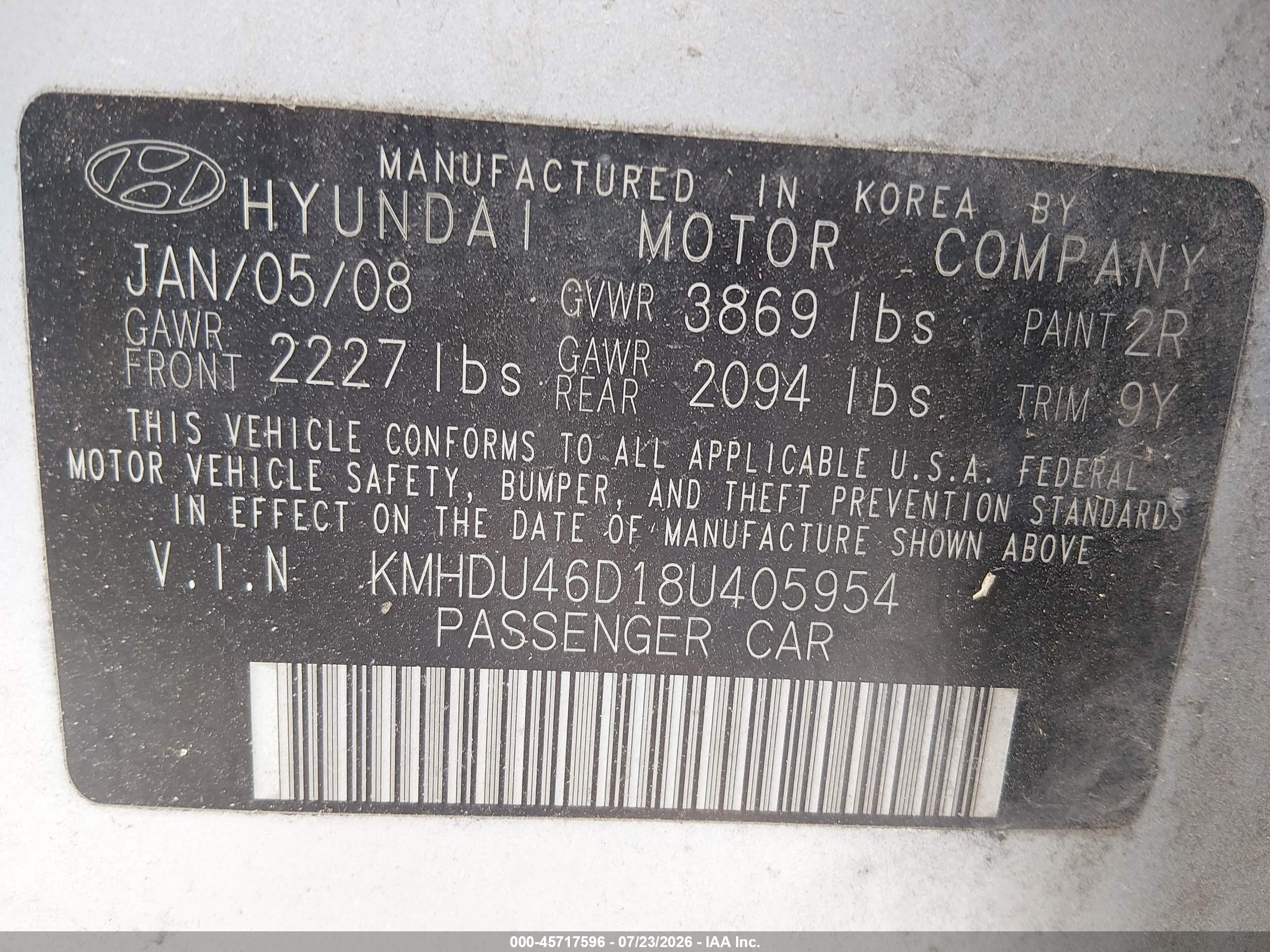 2008 Hyundai Elantra Gls/se Gray vin: KMHDU46D18U405954