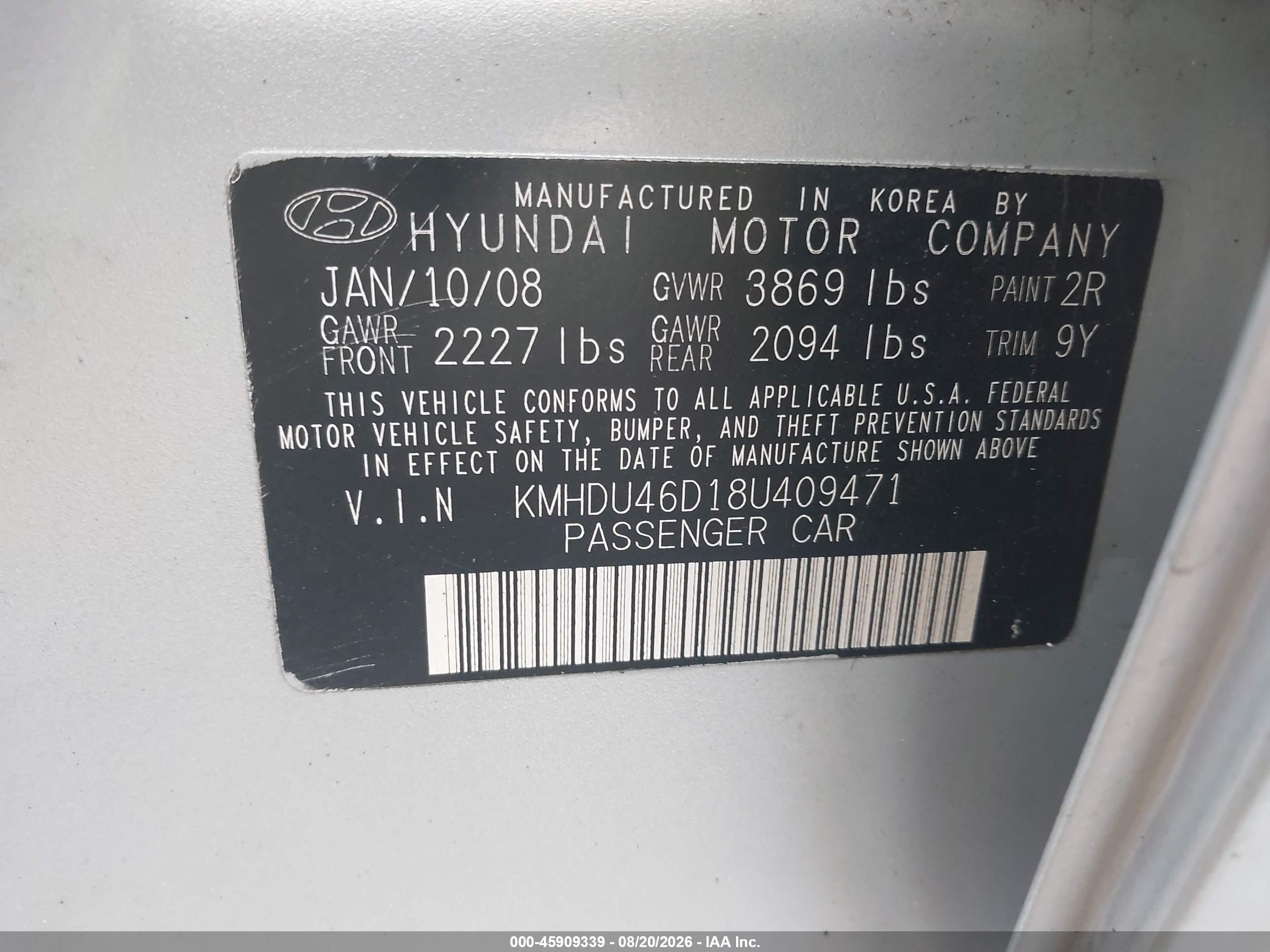 2008 Hyundai Elantra Gls/se Silver vin: KMHDU46D18U409471