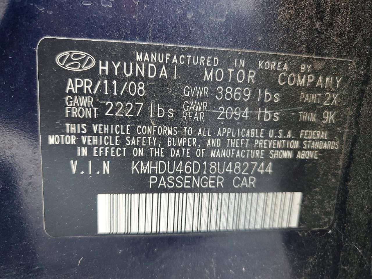 2008 Hyundai Elantra Gls Blue vin: KMHDU46D18U482744