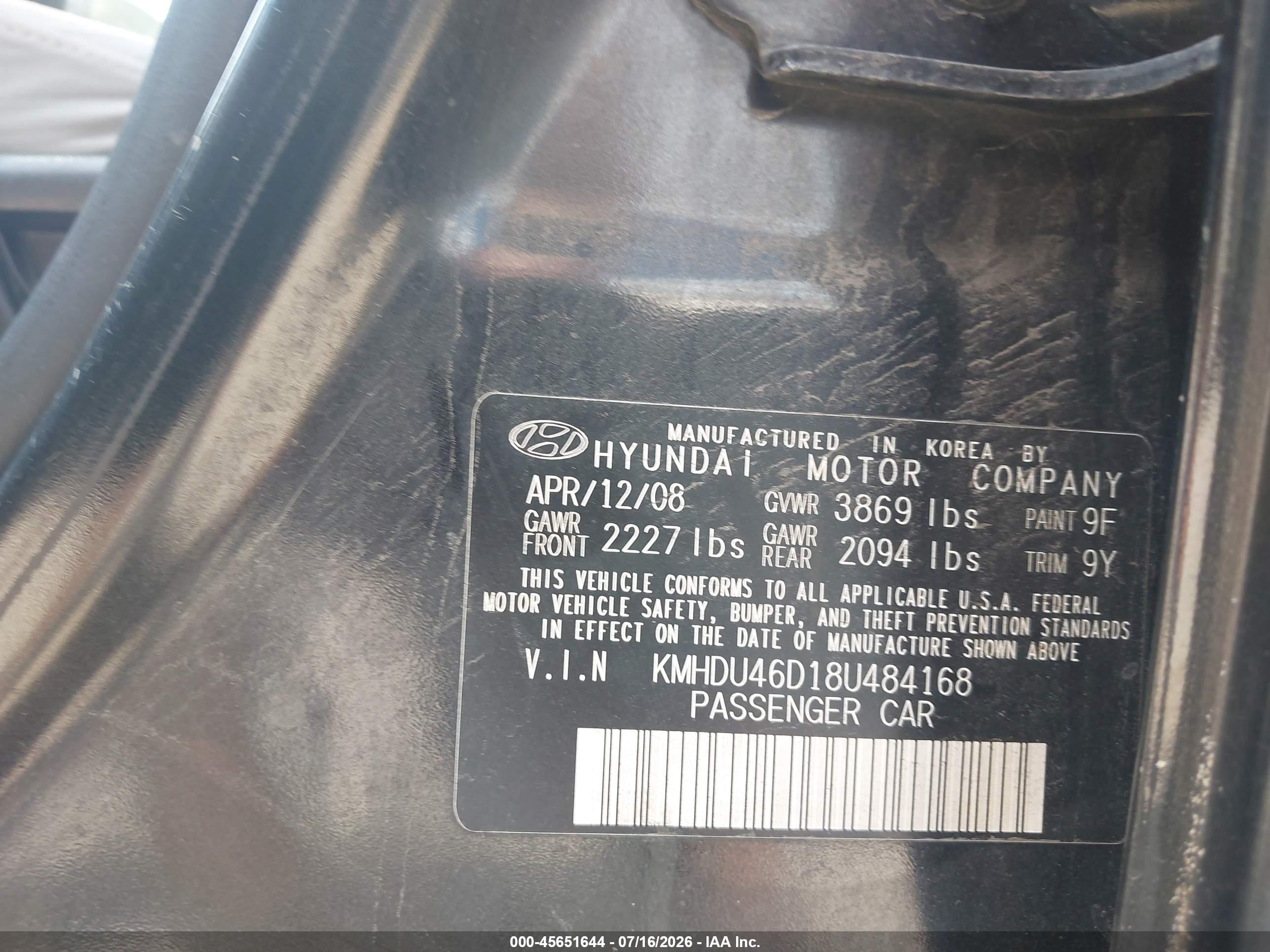 2008 Hyundai Elantra Gls/se Черный vin: KMHDU46D18U484168