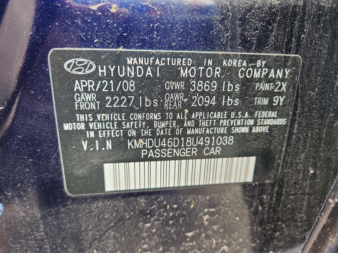 2008 Hyundai Elantra Gls Blue vin: KMHDU46D18U491038