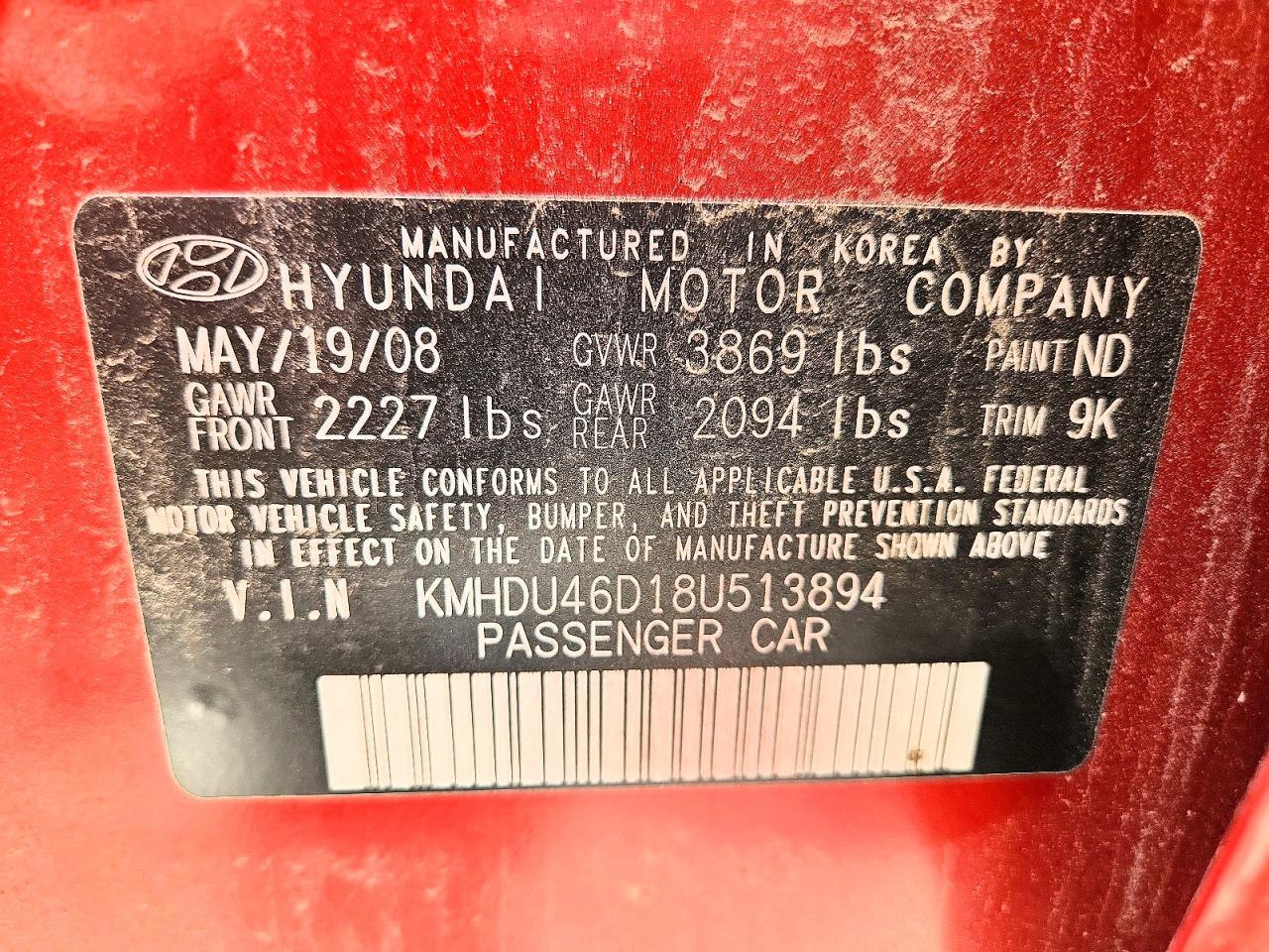 2008 Hyundai Elantra Gls Red vin: KMHDU46D18U513894