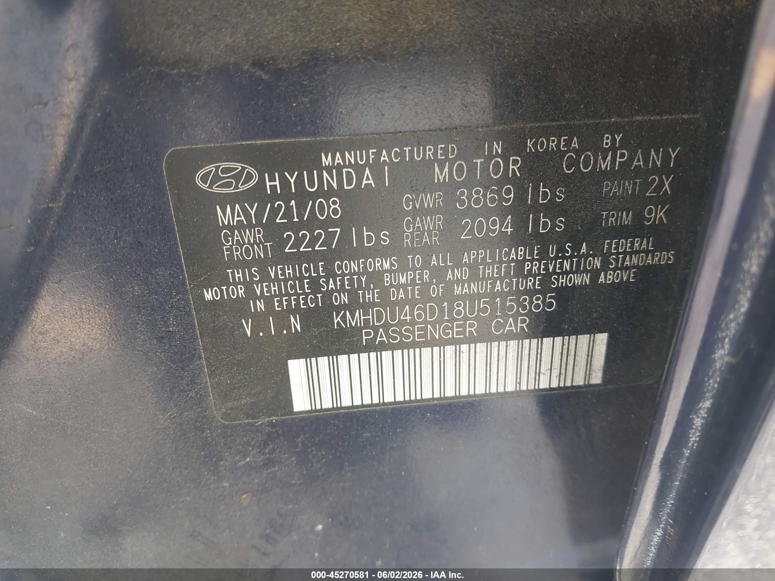 2008 Hyundai Elantra Gls/se Blue vin: KMHDU46D18U515385