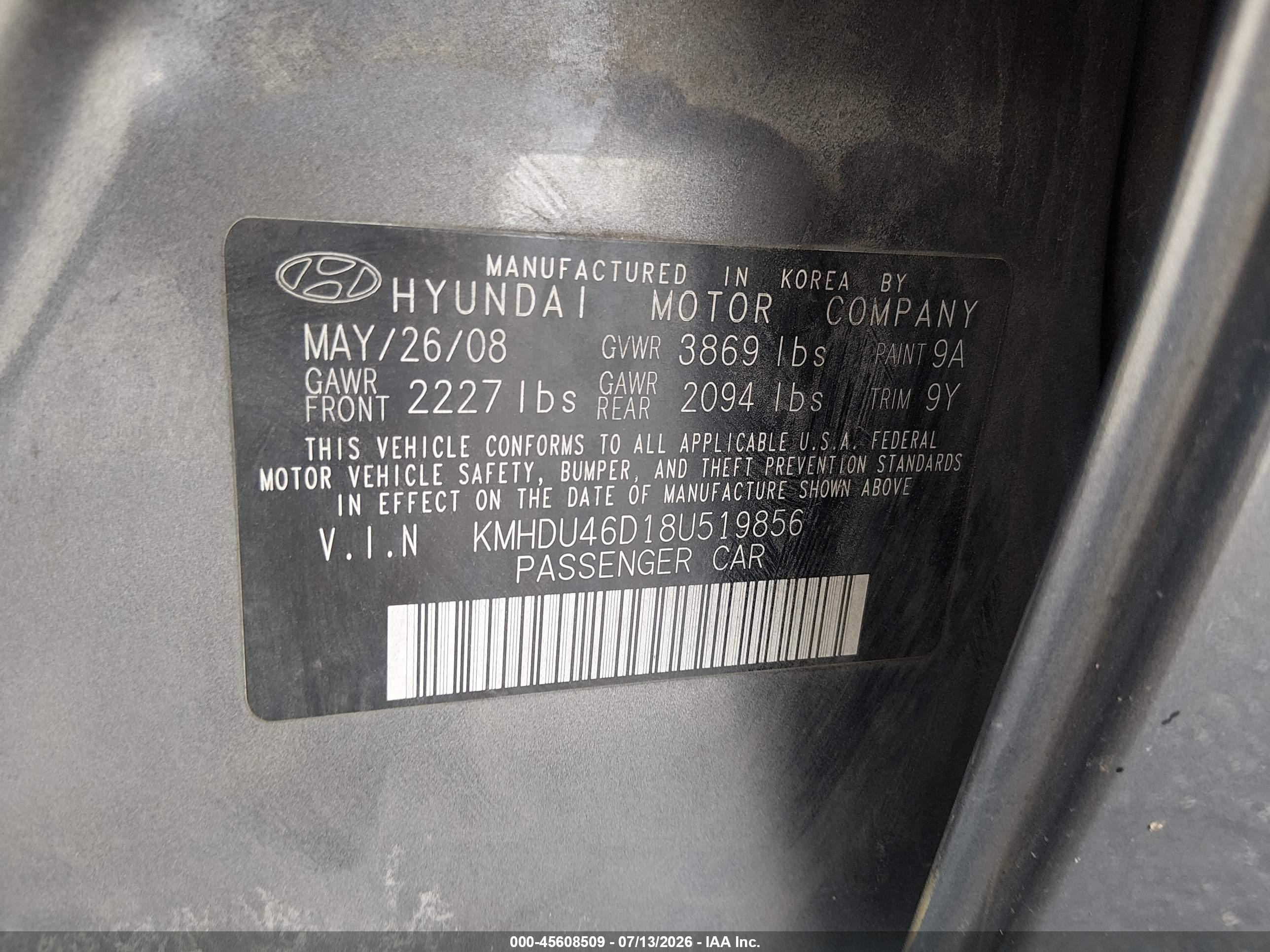 2008 Hyundai Elantra Gls/se Gray vin: KMHDU46D18U519856