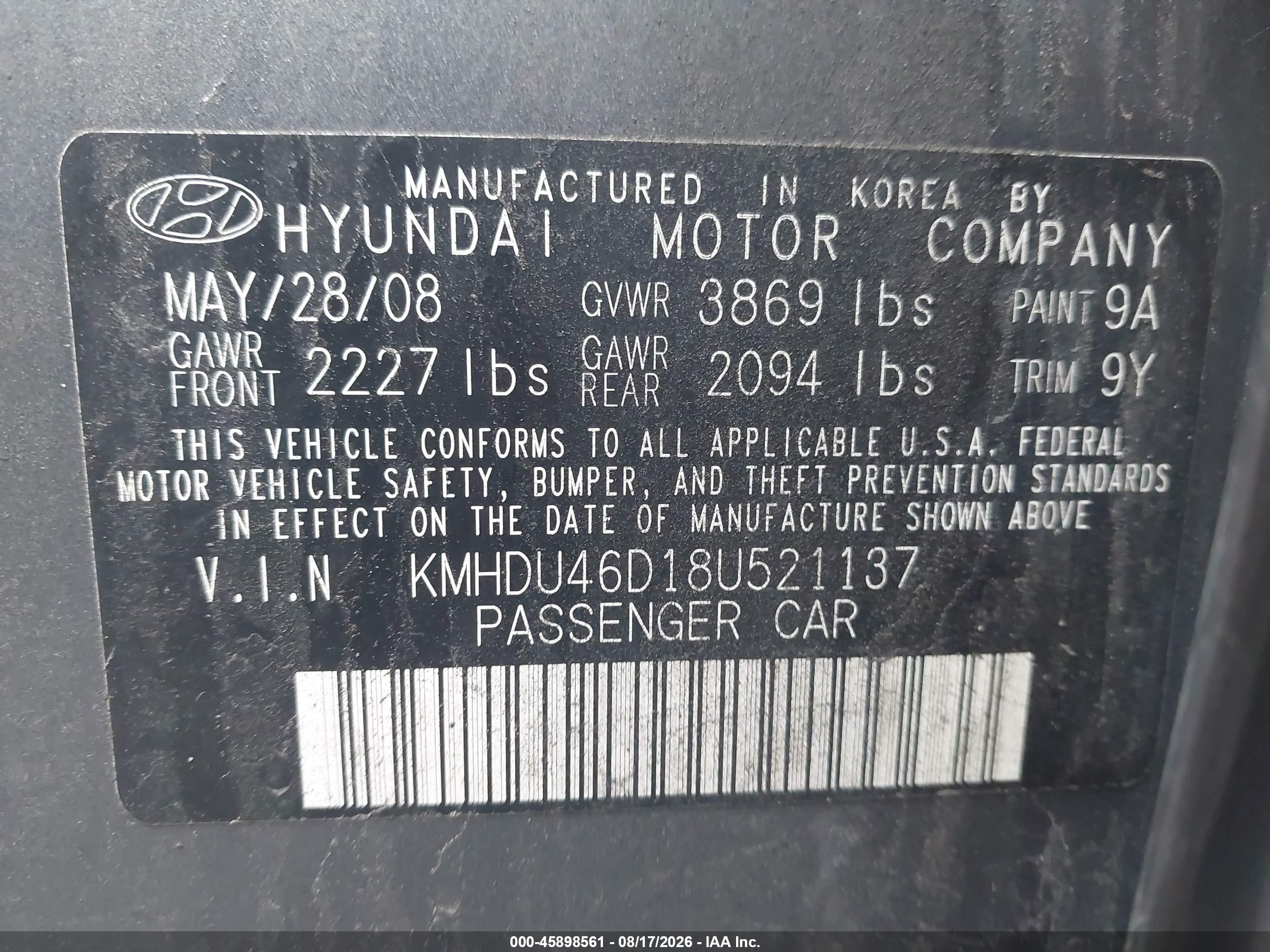 2008 Hyundai Elantra Gls/se Gray vin: KMHDU46D18U521137