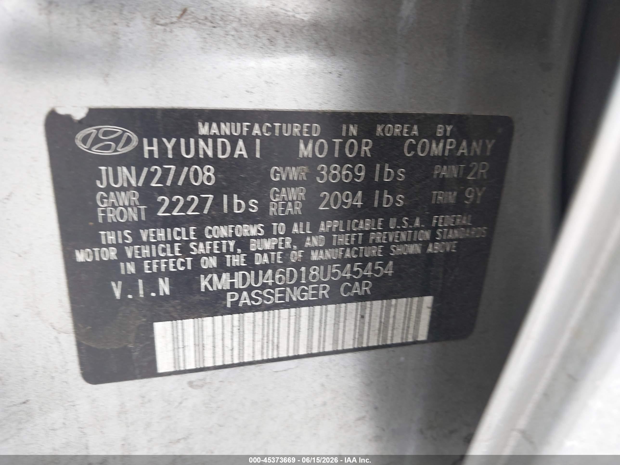 2008 Hyundai Elantra Gls/se Silver vin: KMHDU46D18U545454