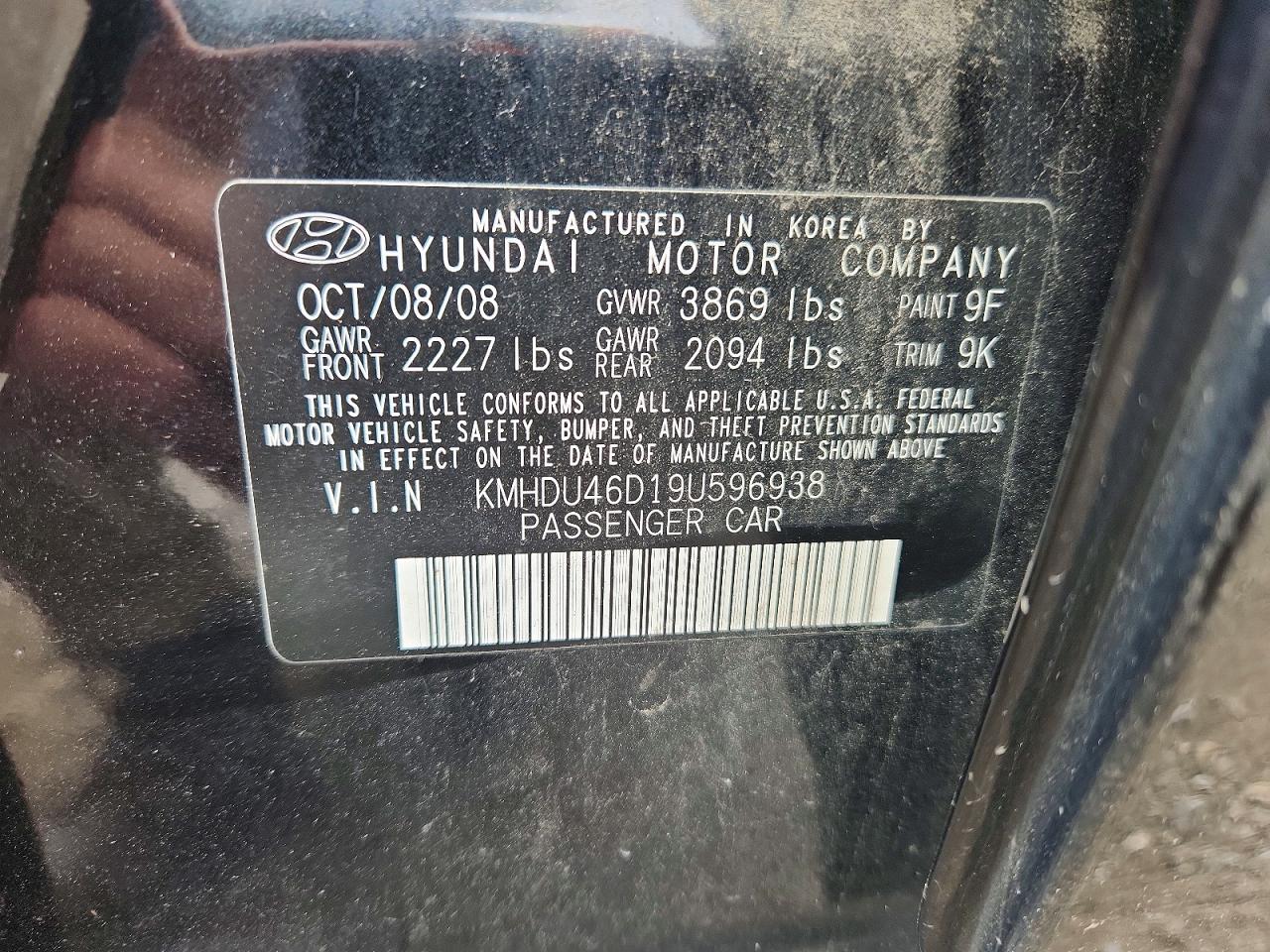 2009 Hyundai Elantra Gls Black vin: KMHDU46D19U596938