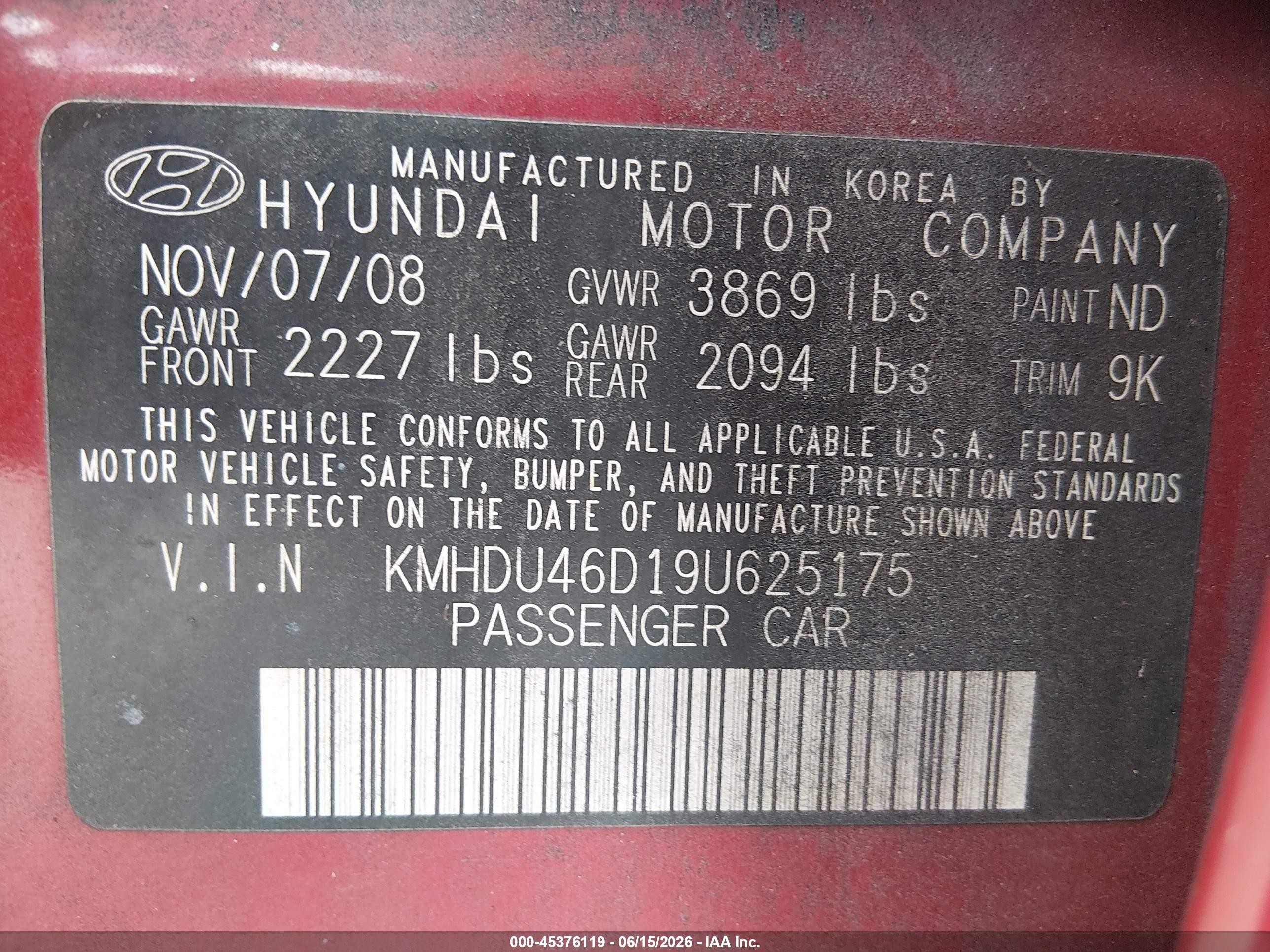 2009 Hyundai Elantra Gls Red vin: KMHDU46D19U625175